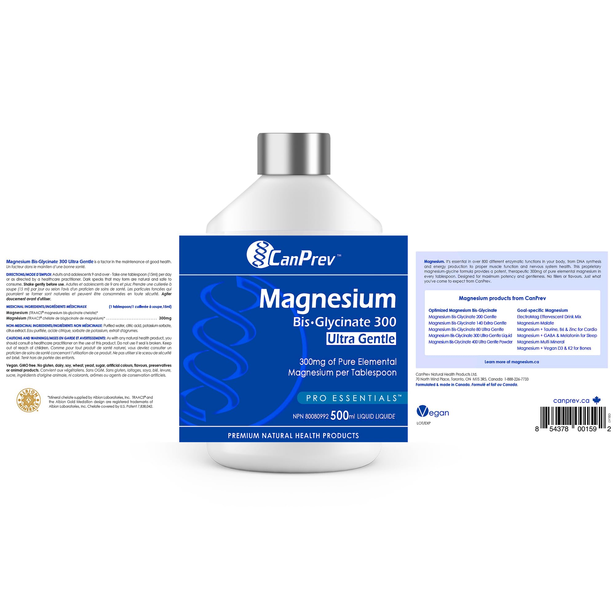 CanPrev Bisglycinate de Magnésium Liquide 300 Ultra Doux, 500ml, approvisionnement de 33 jours - Glycinate de Magnésium à haute absorption - Facile à digérer et pour les estomacs sensibles - Soutien énergétique et fonction musculaire