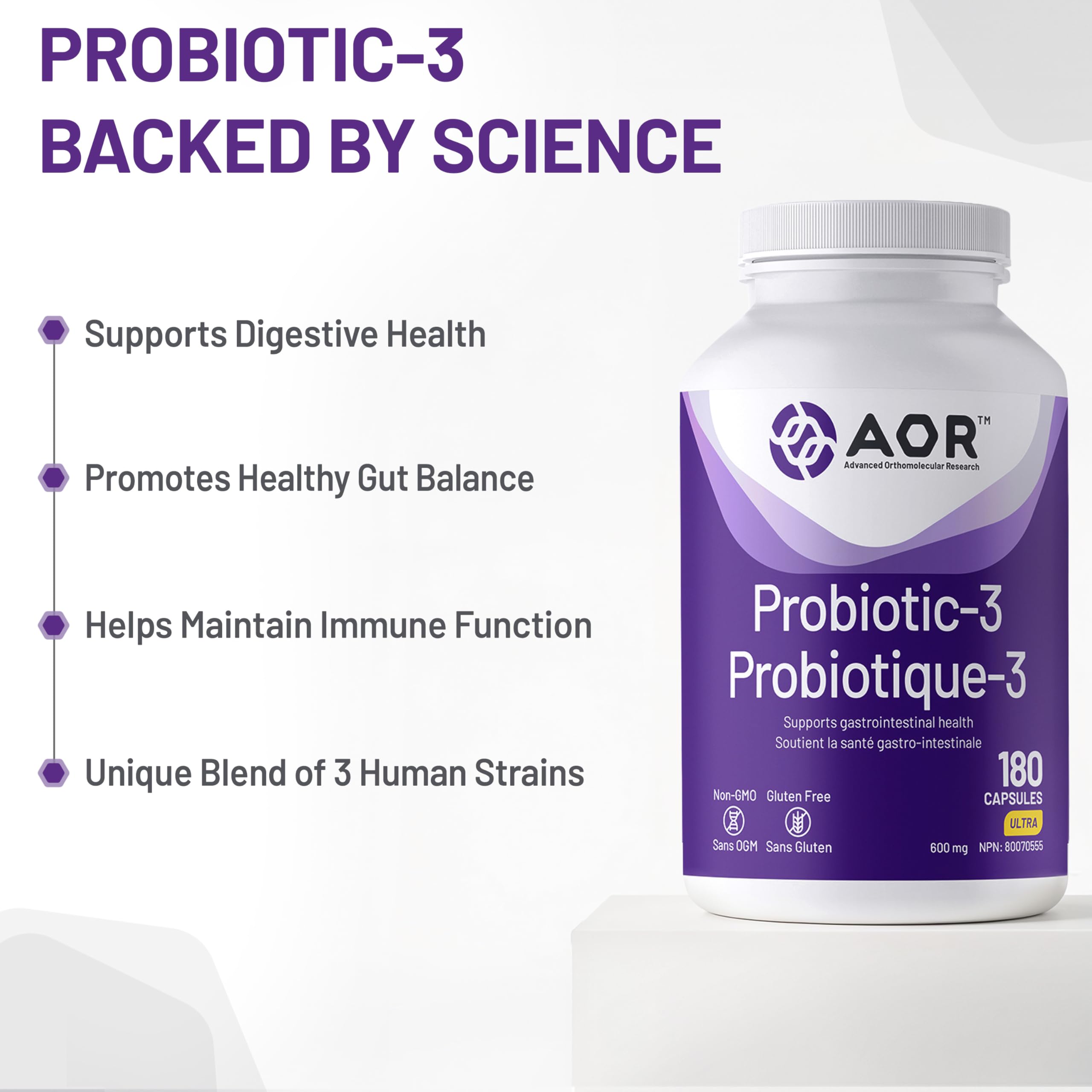 AOR Probiotic 3 - Gut Health Complex for Women & Men, Supports Digestive and Immune System, Contains Probiotics and Digestive Enzymes, Ideal for Balanced Intestinal Flora