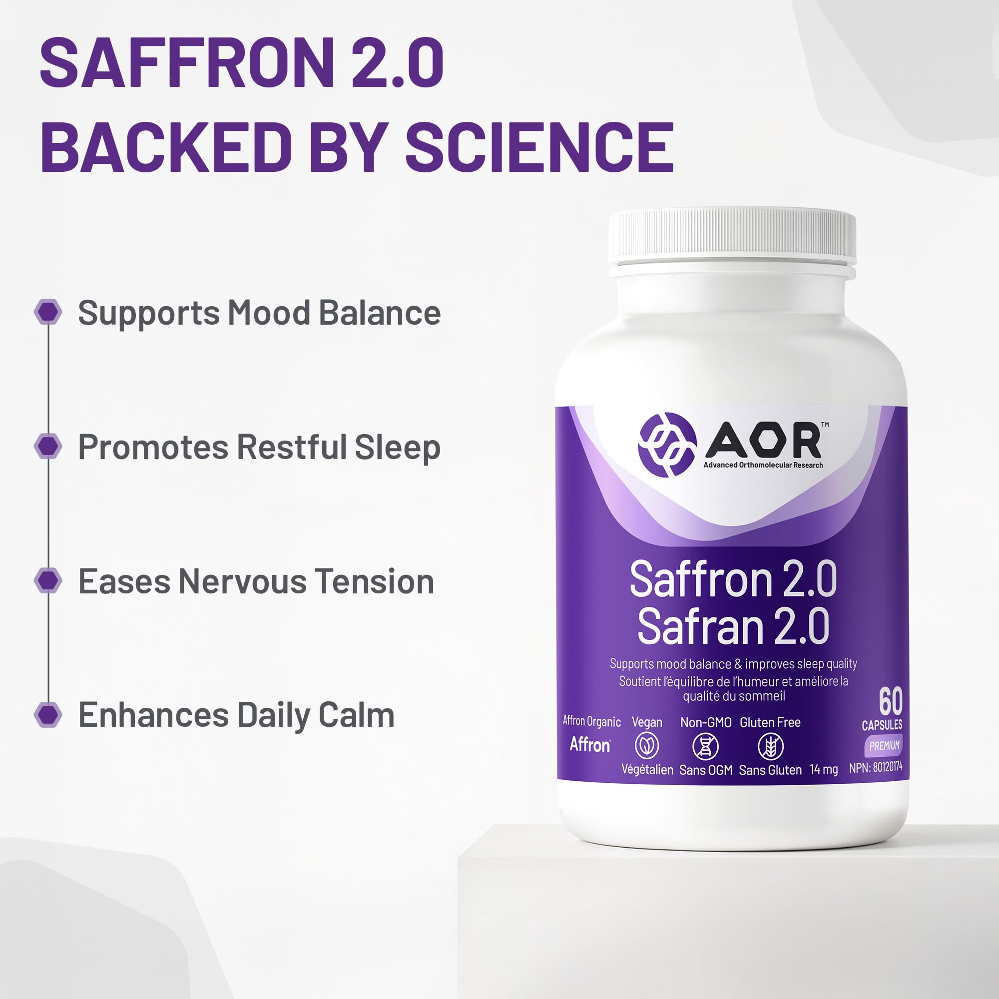 AOR - Saffron 2.0 Supplément, 60 gélules pour 30 jours - Favorise l'équilibre émotionnel, améliore la qualité du sommeil, la concentration et la clarté mentale, la vision et la santé oculaire - Végane, sans OGM et sans gluten