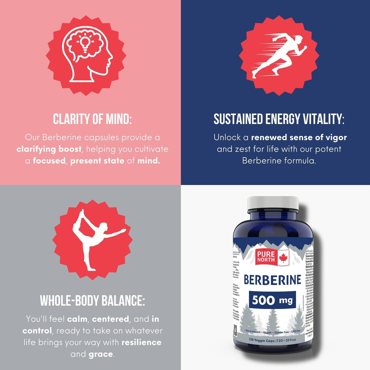PURE Berberine 500mg 150 vcaps, 75-Day Supply - Supports Blood Sugar Metabolism + Cardiovascular Health - Formulated and made in Canada by PURE NORTH NATURALS