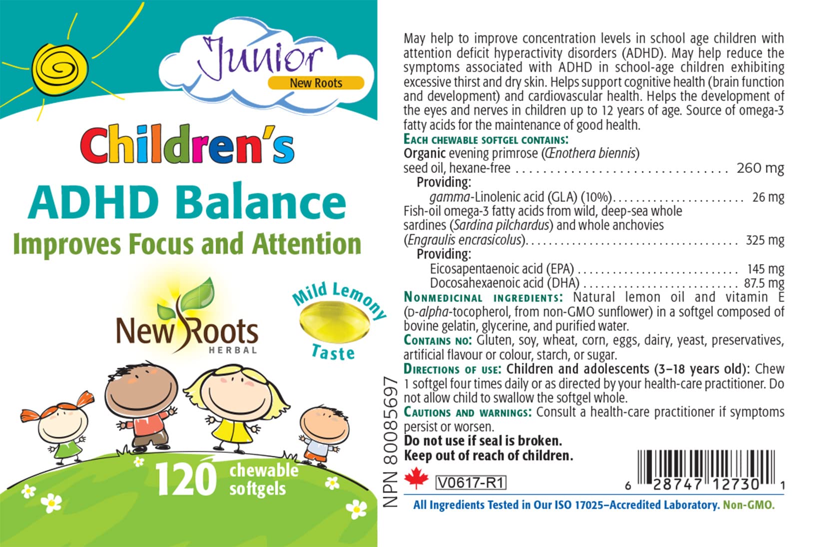 New Roots Herbal Équilibre TDAH pour Enfants, 120 gélules à croquer, 30 jours, Oméga-3 EPA DHA et Huile d'Onagre, Favorise la Concentration, la Santé Cognitive et l'Apprentissage, Saveur Citron