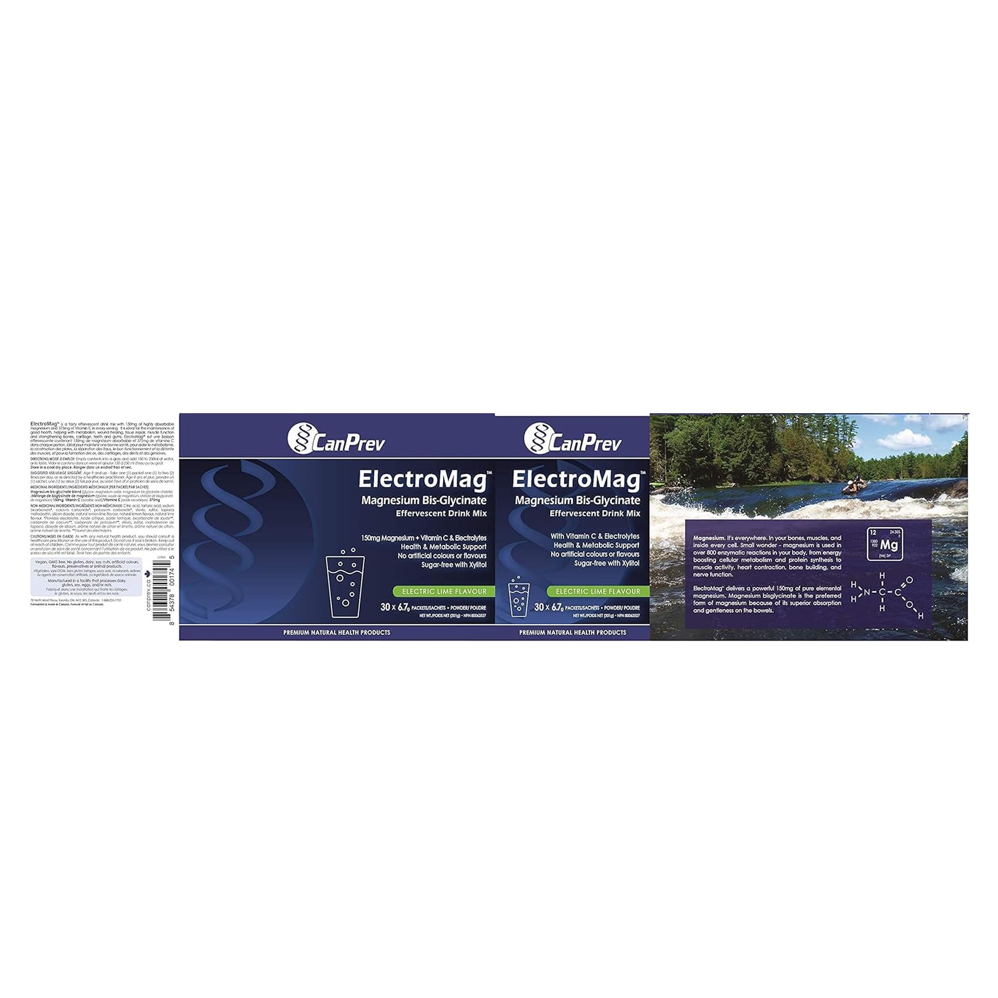 CanPrev ElectroMag Boîte de boisson effervescente, 30 sachets pour 30 jours - Saveur citron-vert, bisglycinate de magnésium pur avec électrolytes et vitamine C, poudre de xylitol sans sucre pour l'hydratation et l'énergie