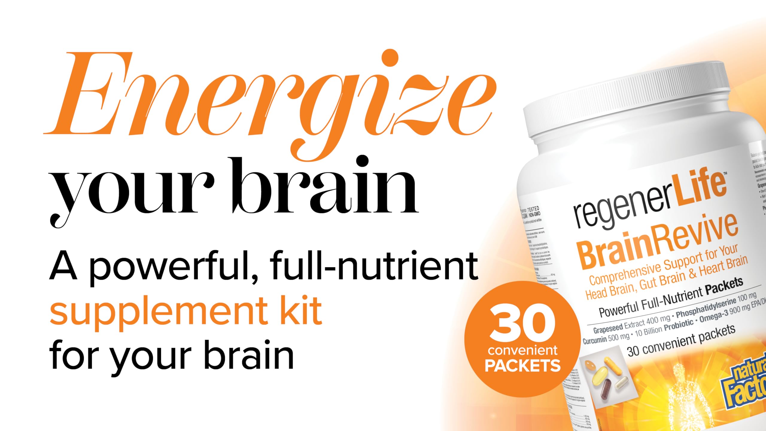 Natural Factors Regenerlife BrainRevive, 30 Convenient Packets, Five-in-One Supplement Kit, Daily Full Nutrient Packets Contain: Phosphatidylserine, Bioavailable Curcumin, Omega 3 EPA/DHA, Grapeseed Extract and High-Potency Five-Strain Probiotics, Support