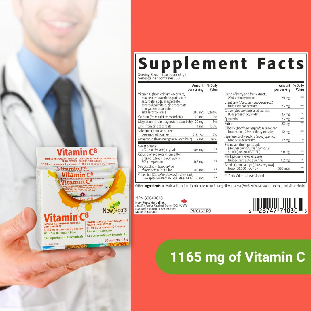 New Roots Herbal - Vitamine C8, 30 sachets pour 30 jours - Poudre à Boire Complexe Immunitaire Antioxydant - Source d'Électrolytes & Soutient la Fonction Musculaire - Moins Acide et pour les Défis Gastro-intestinaux