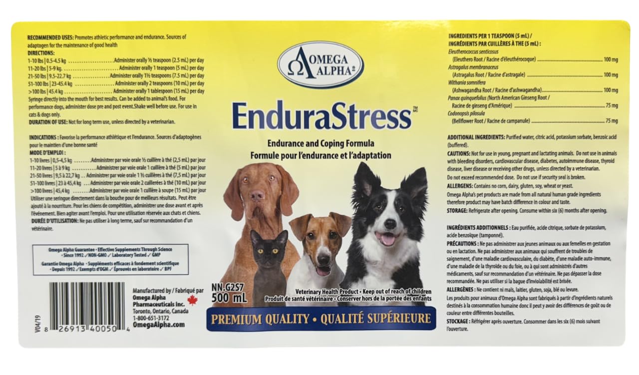 Vitamines et suppléments EnduraStress pour chiens, complément stimulant l'énergie, la concentration et l'endurance, soulagement de l'anxiété canine, calmant pour chiots, friandises calmantes pour chiens anxieux, 500 ml