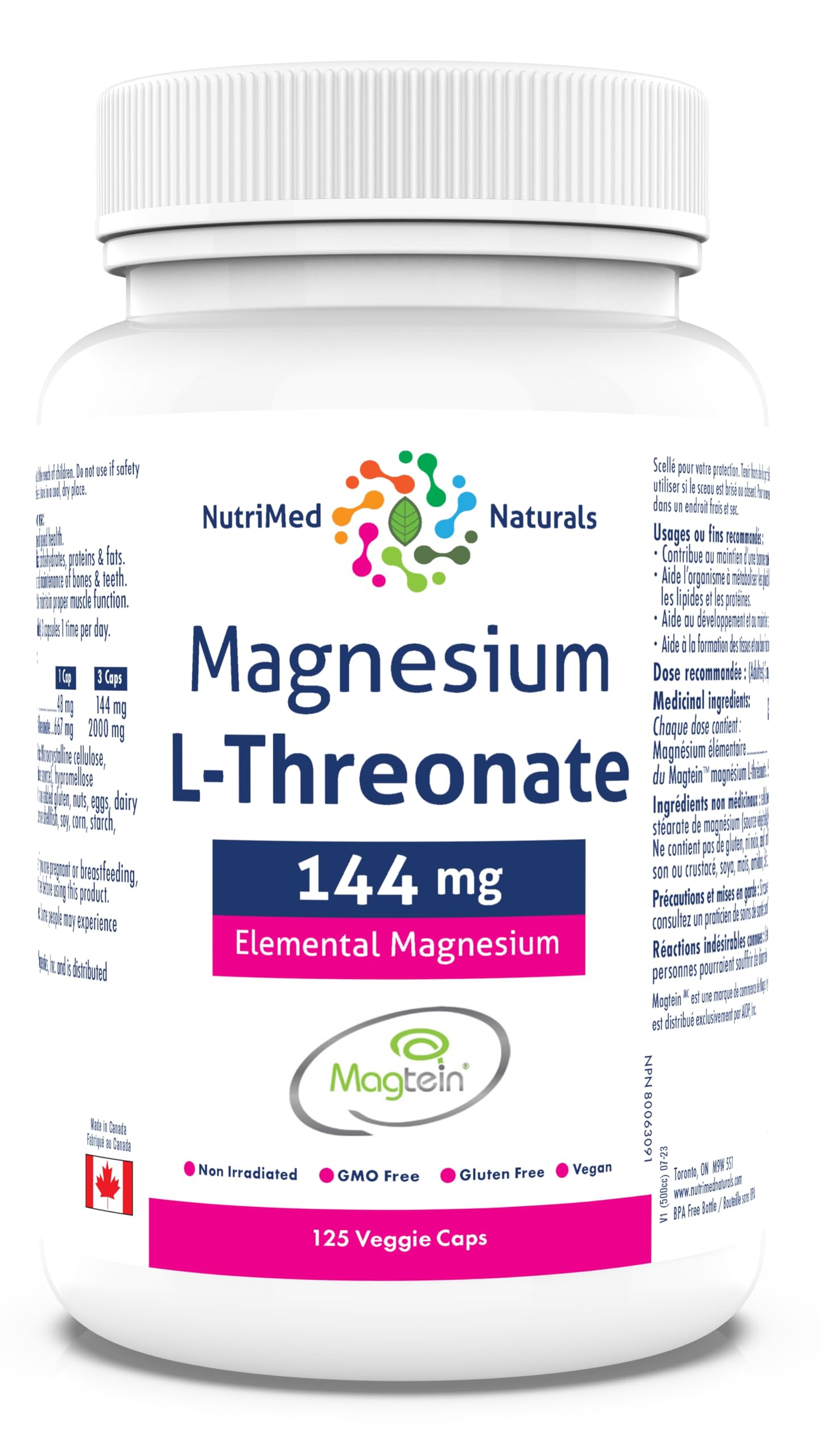 Nutrimed Naturals - Supplément de Magnésium L-Thréonate Élémentaire 144mg 125 Gélules, 48 Jours d'Approvisionnement - Concentration Accrue, Mémoire Améliorée & Santé Cérébrale Optimale - Testé par un Tiers - Formulé et Fabriqué au Canada