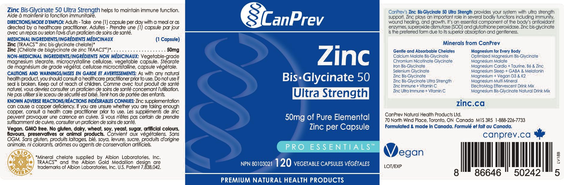 CanPrev Zinc Bis-Glycinate Chelate, 120 Capsules 120-Day Supply - Helps to Maintain Immune Function - Ultra Strength 50mg of Pure Elemental Zinc per Capsule - Vegan, Non-GMO and Gluten-Free