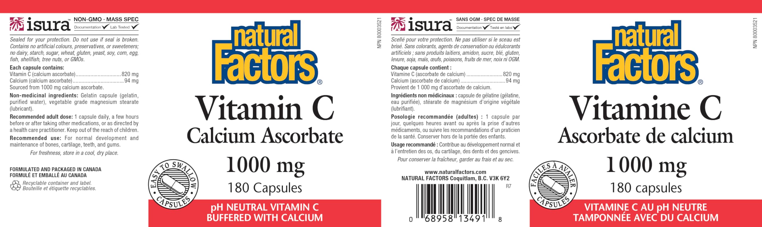 Natural Factors Vitamin C Calcium Ascorbate 1000 mg - 180 Capsules, HIGH POTENCY, pH Neutral Vitamin C Buffered with Calcium, Proudly Canadian