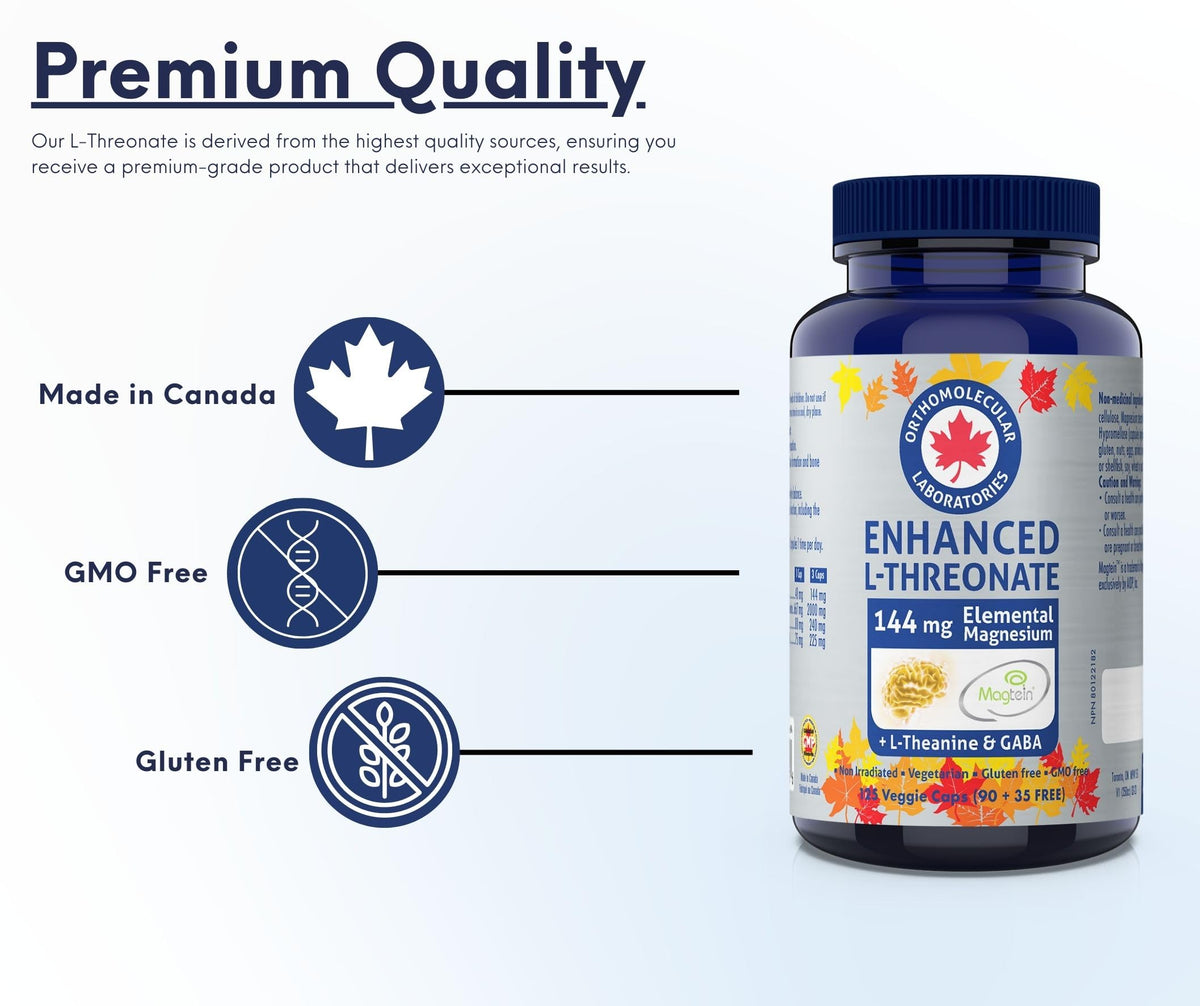 Orthomolecular Laboratories - Enhanced Magtein Magnesium L-Threonate 144mg + L-Theanine & Gaba, 125 Veggie Capsules 41-Day Supply - Promote Relaxation, Electrolyte Balance and Maintain Muscle Function