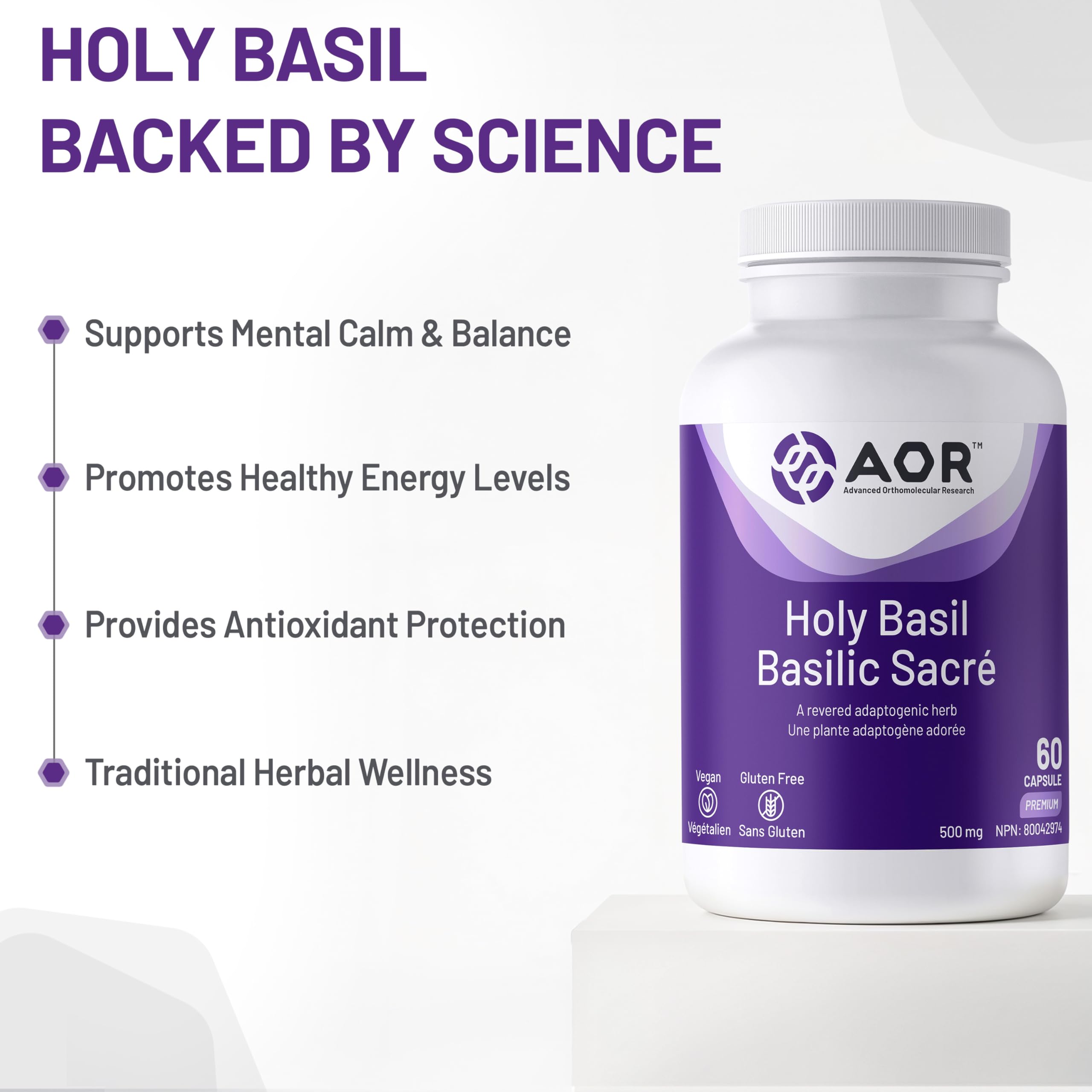 AOR Basilic Sacré (Tulsi) 500mg, 60 gélules – Cure de 30 jours – Herbe adaptogène vénérée, Bienfaits traditionnels de l'Ayurveda – Végétalien et sans gluten – Favorise le niveau d'énergie, Formule à base de plantes pour la vitalité quotidienne