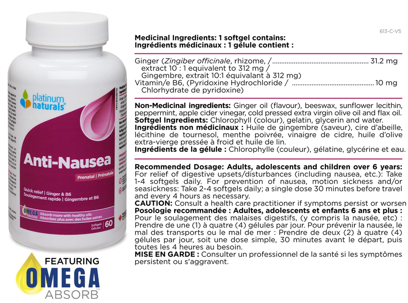 Platinum Naturals - Prenatal Anti-Nausea | Quick relief | 60 Softgels