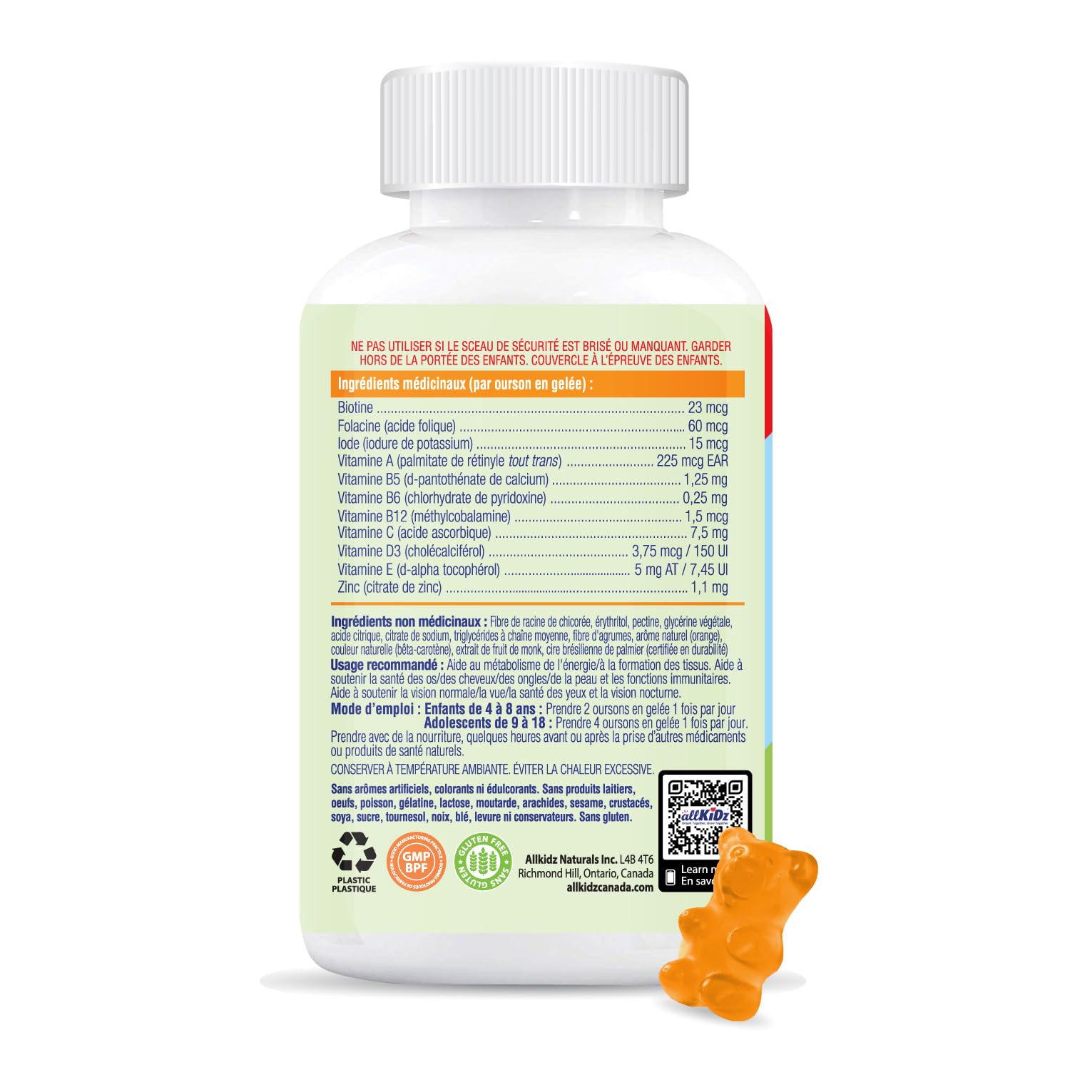 allKiDz Multivitamin Gummy Bears for Kids Children, Made in Canada, Plant-Based, Sugar-Free, Gelatin-Free, Complete Multi Vitamin Mineral Supplement, 11 Essential Nutrients Including Folate, Vitamin A, B, C, D3, E and Zinc for Immune Health, Natural Orang