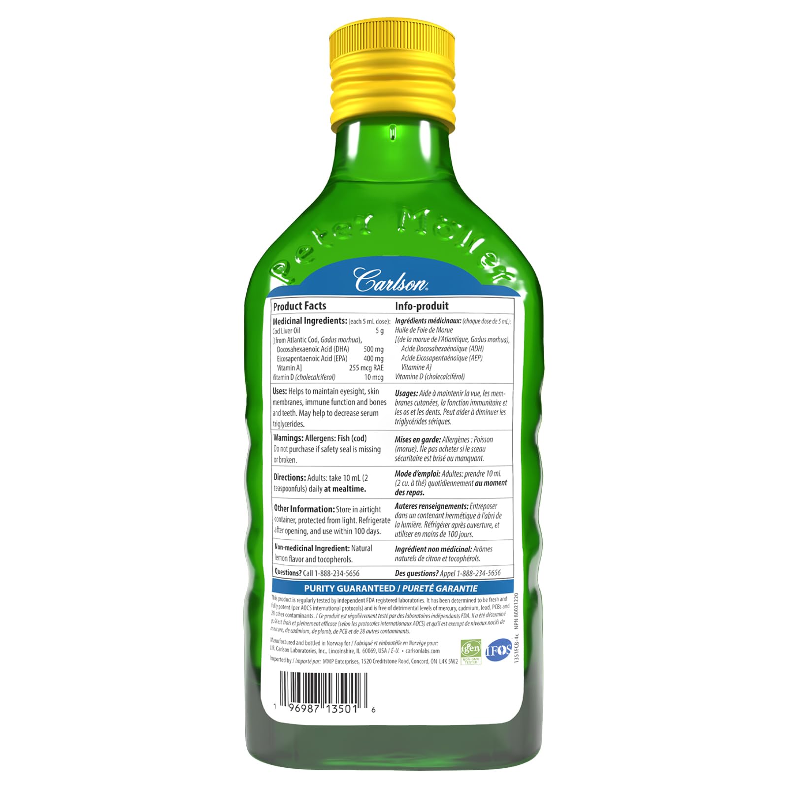 Carlson - Huile de foie de morue, 1100 mg d'oméga-3 + A et D3, huile de foie de morue arctique norvégienne sauvage, huile de poisson nordique liquide issue de la pêche durable