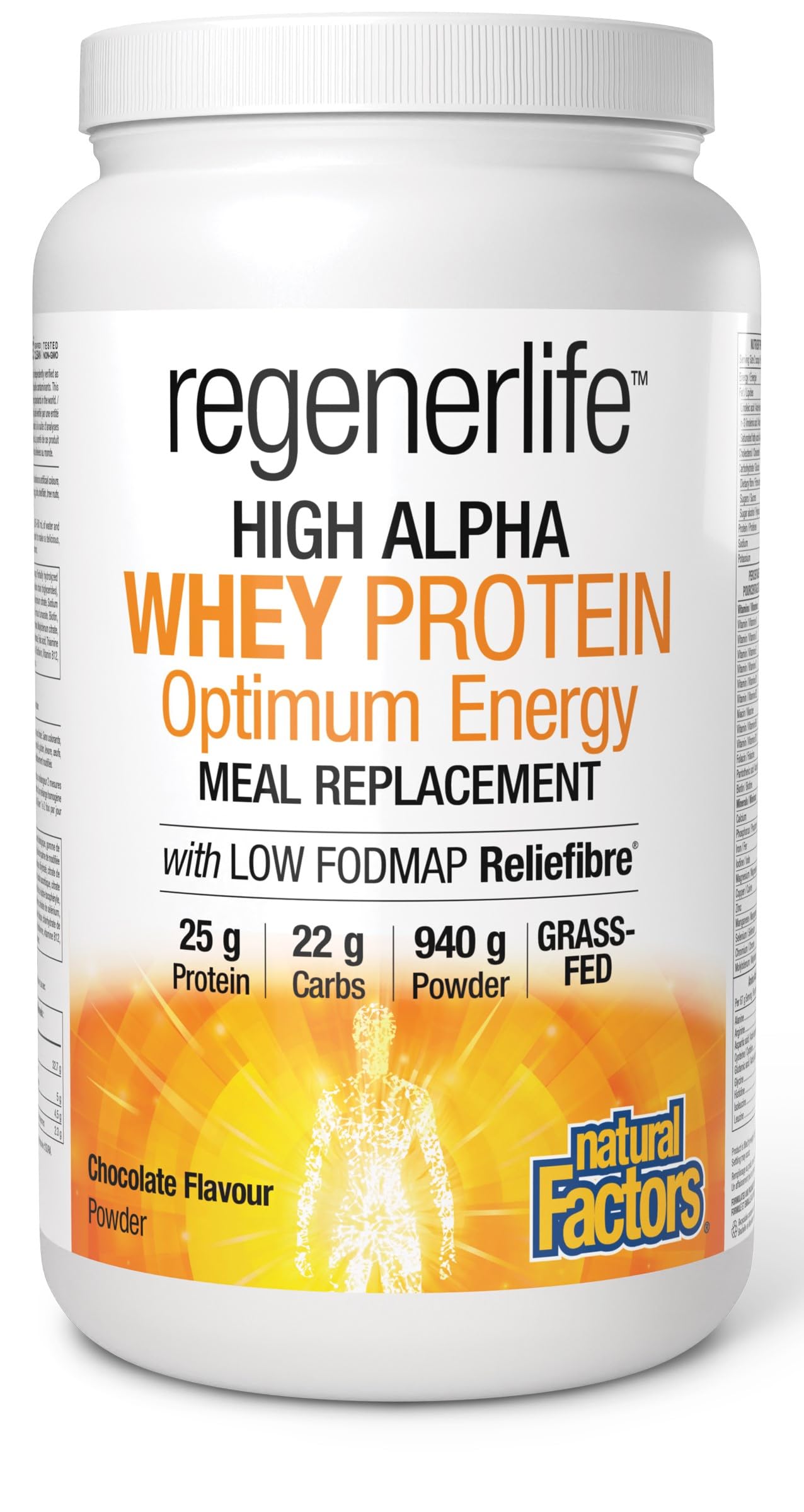 Natural Factors Regenerlife High Alpha Whey Protein Meal Replacement, Chocolate Flavour, 940 g Powder, 25 g of Protein + 5g of Low-FODMAP Reliefibre, Grass-Fed Whey, Proudly Canadian