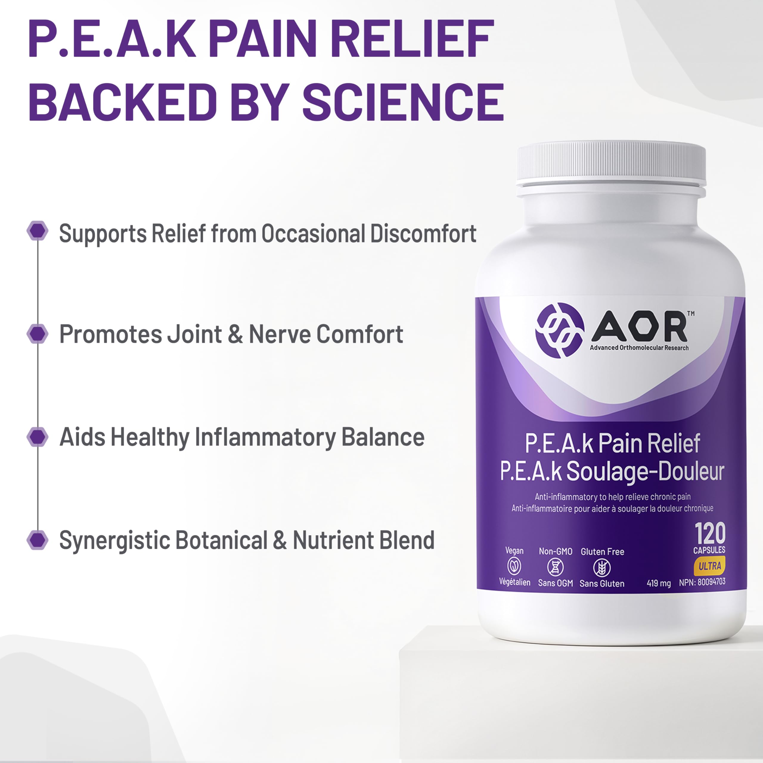 AOR - P.E.A.K Soulagement de la douleur 120 Capsules Cure de 30 Jours - Supplément de Palmitoyléthanolamide (PEA) avec Univestin, Boswellia, Quercétine et Glycinate de Magnésium pour Favoriser le Confort et la Mobilité - Végétalien, Sans OGM