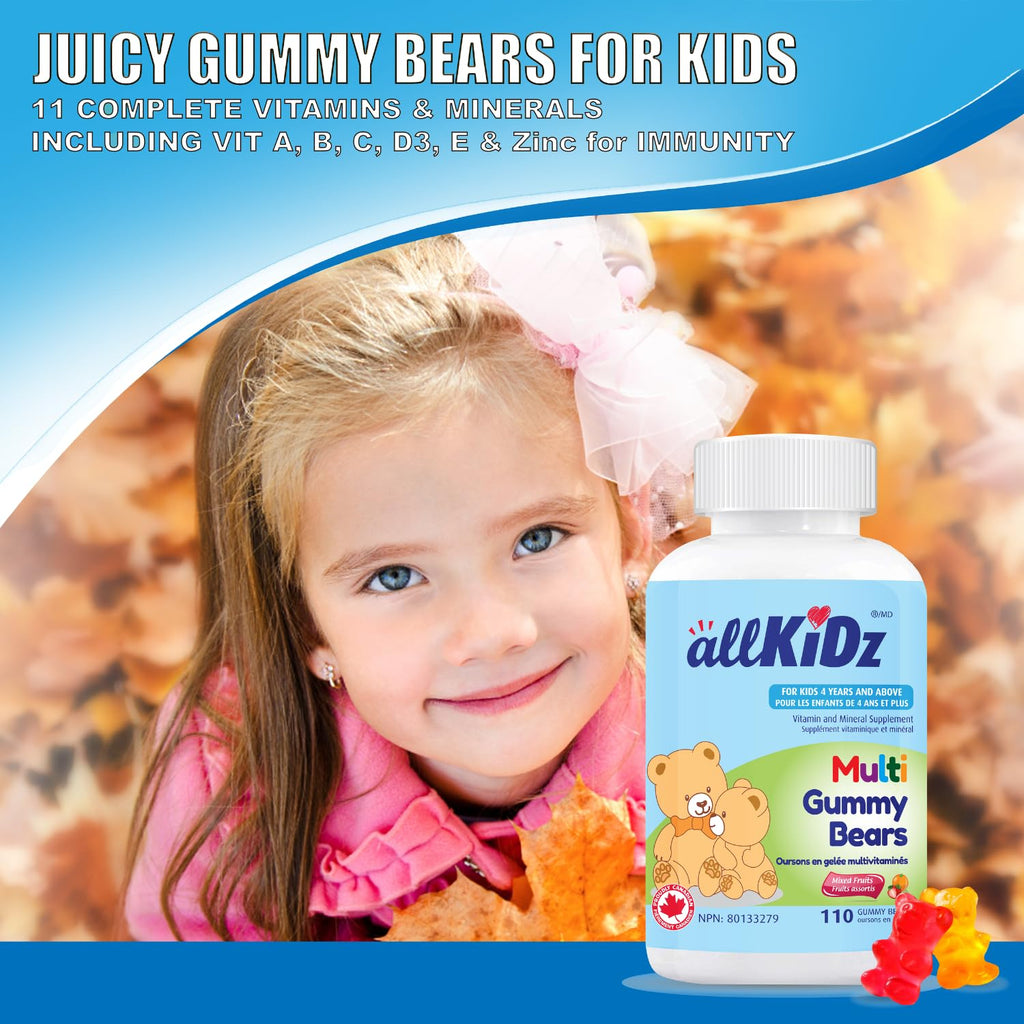 allKiDz Multivitamin Gummy Bears for Kids Children, Made in Canada, Complete Multi Vitamin Mineral Supplement, 11 Essential Nutrients Including Folate, Vitamin A, B, C, D3, E and Zinc for Immune Health, Natural Fruit Flavours, Bear Gummies, 110 Count