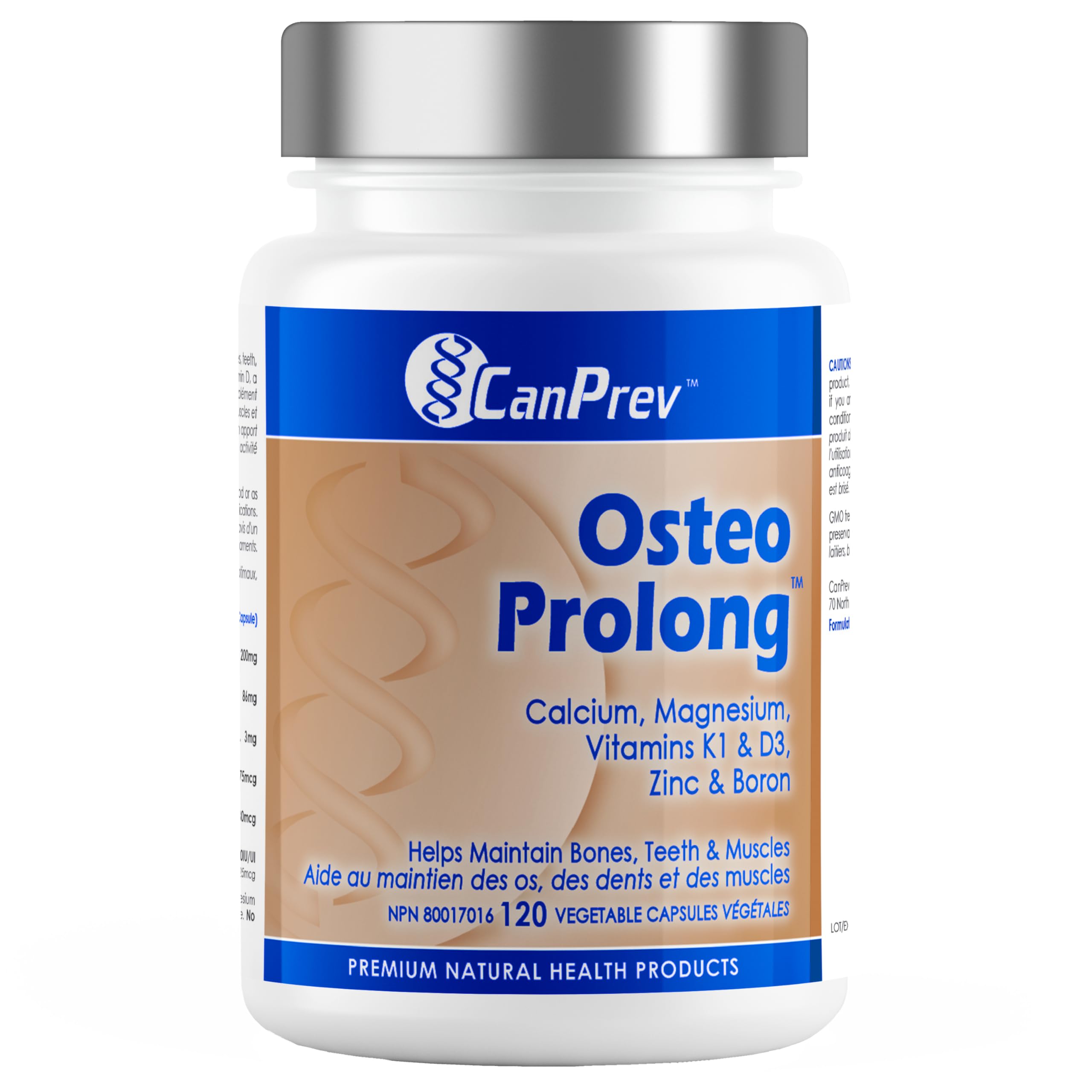 CanPrev Ostéo Prolong, 120 V-Caps, pour 30 jours, Contient du Calcium, du Bisglycinate de Magnésium, du Zinc, des Suppléments de Bore et des Vitamines D3 et K1, Contribue au maintien d'os et de dents sains chez l'homme et la femme