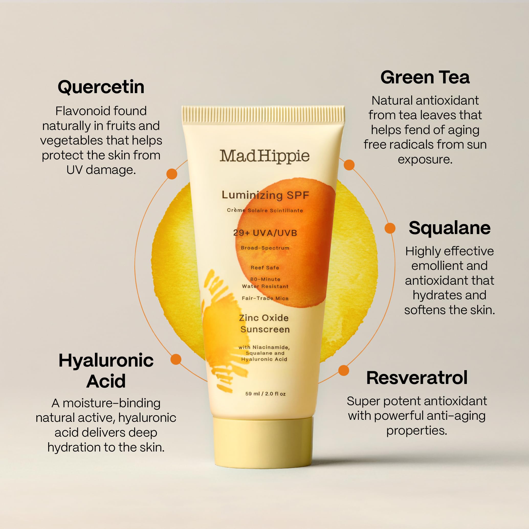 Mad Hippie Luminizing Facial SPF, 29 SPF Moisturizer & Mineral Sunscreen Face Lotion, Zinc Oxide Mineral Face Sunscreen, Sun Skin Care, Reef Safe, 59ml