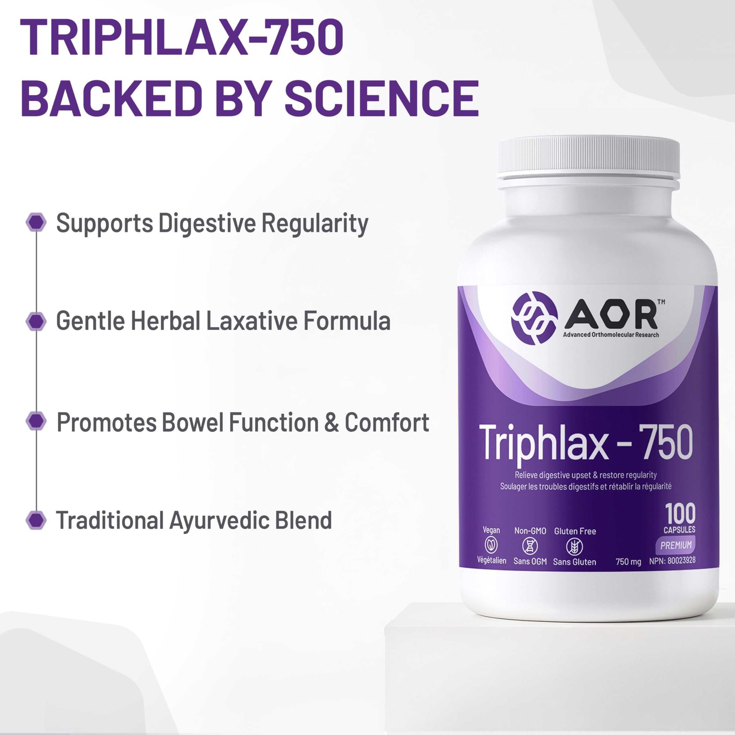 AOR Triphlax 750mg 100 gélules – Complément ayurvédique Triphala pour la santé digestive, la régularité intestinale et le nettoyage du côlon, sans gluten, sans OGM et végétalien – Extraits d'Haritaki, d'Amla et de Bibhitaki