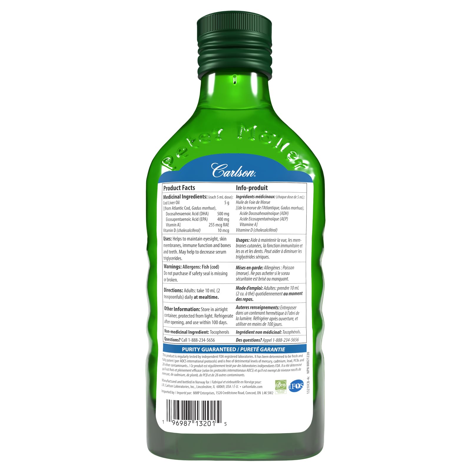 Carlson - Huile de foie de morue, 1100 mg d'oméga-3 + A et D3, huile de foie de morue arctique norvégienne sauvage, huile de poisson nordique liquide issue de la pêche durable