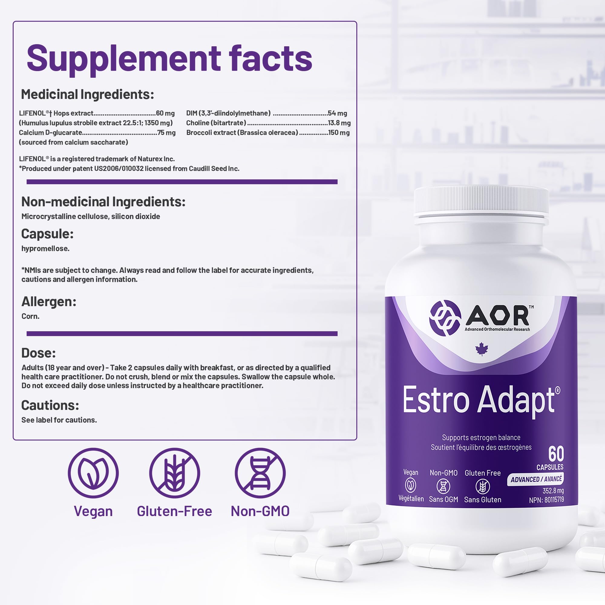 AOR Estro Adapt 60 gélules – Approvisionnement de 30 jours – Complément d'équilibre hormonal avec DIM, D-glucarate de calcium et choline, soutient la fonction hépatique, végétalien, sans OGM et sans gluten – Équilibre d'œstrogènes pour les femmes