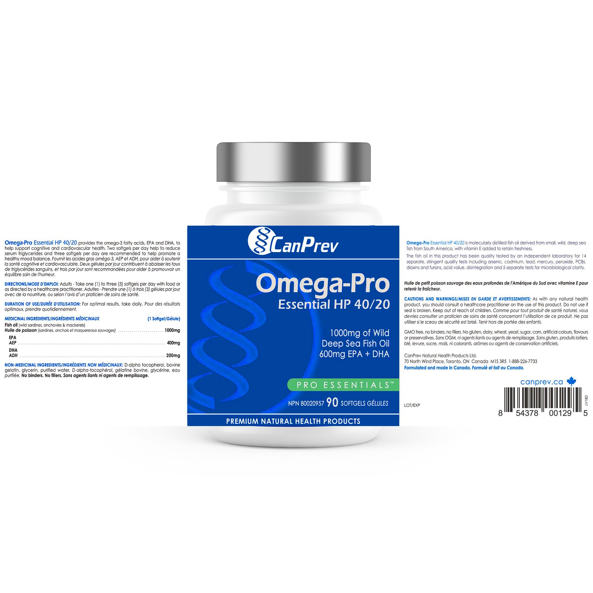 CanPrev Omega-Pro Essential HP 40/20, 90 Softgels 30-Day Supply - 1000mg Wild Deep-Sea Fish Oil, Omega-3 EPA & DHA Formula, Molecular Distilled with Vitamin E, Supports Heart, Brain, Joint, Eye & Skin