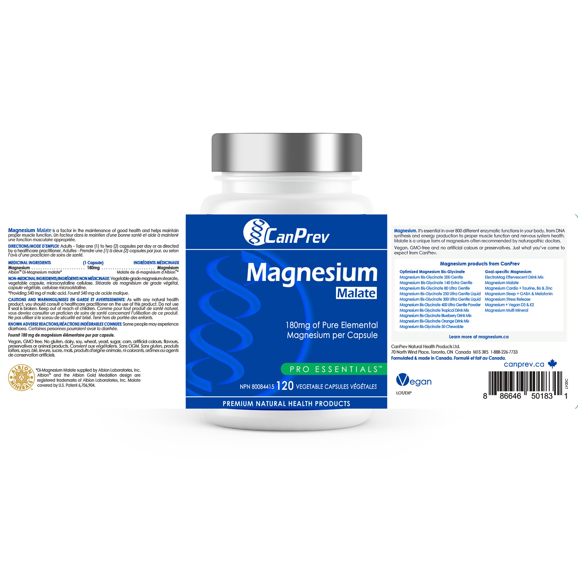 CanPrev Malate de Magnésium 180mg, 120 Gélules Végétaliennes, 120 Jours d'Approvisionnement - Supplément de Magnésium Pur pour l'Énergie, le Sommeil et le Bien-être Général - Absorption Améliorée, Relaxation Musculaire et Soutien Énergétique