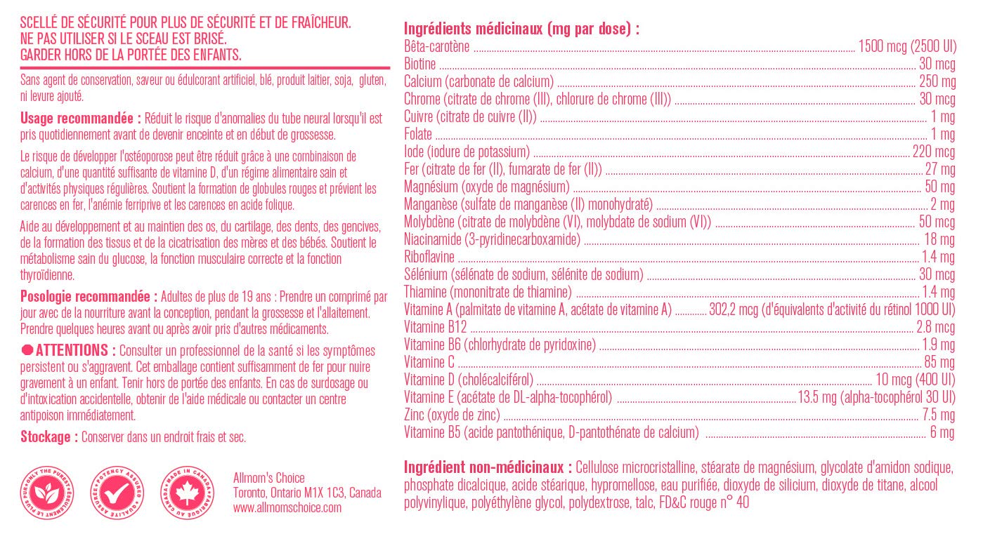 Vitamines prénatales avec 1000mcg de folate (acide folique), vous prépare à la conception et à la grossesse, 23 vitamines et minéraux, incluant fer, calcium, vitamine D, biotine – Approvisionnement de 90 jours - Allmom's Choice