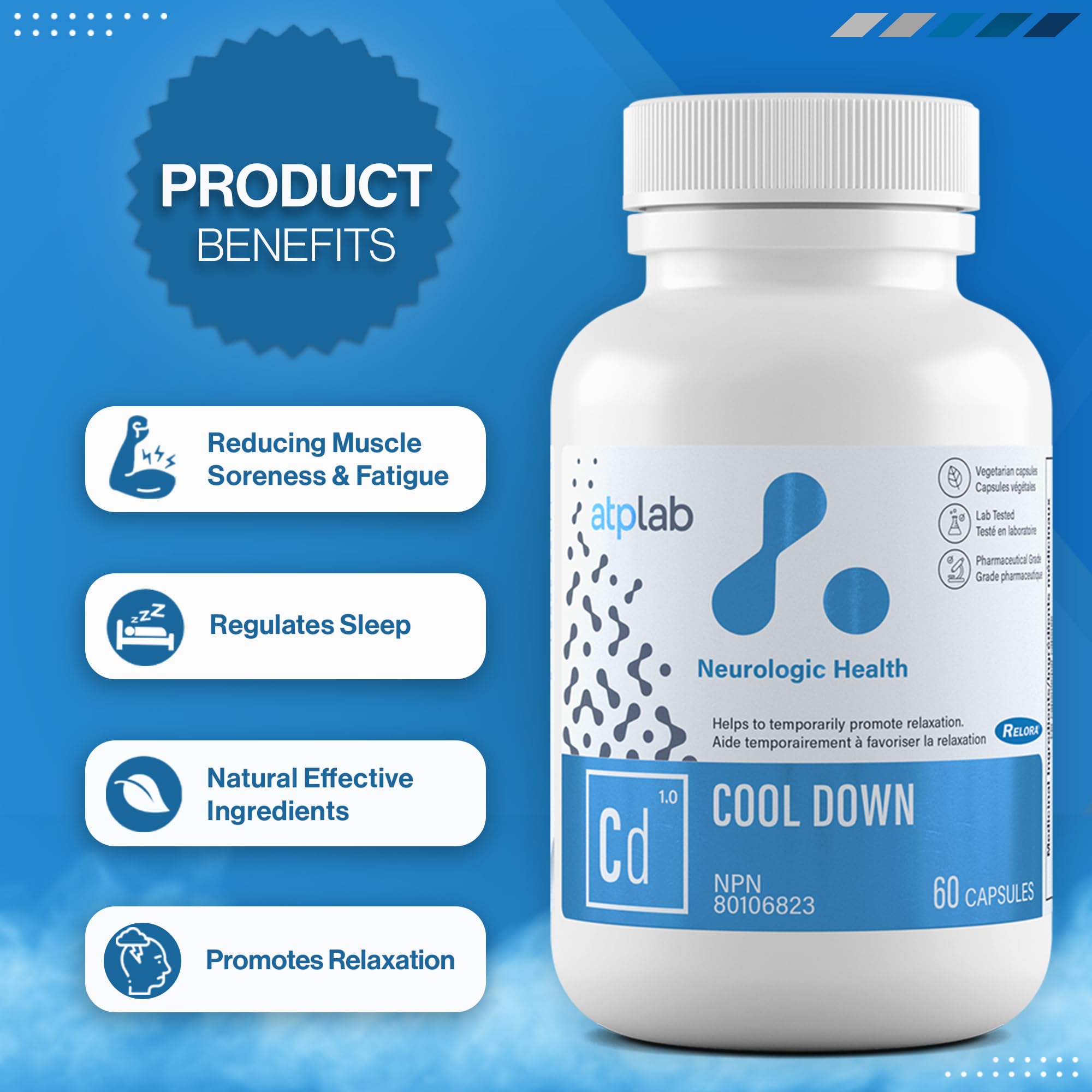 ATP LAB - Cool Down 60 capsules - Traitement de 30 jours - Soulagement de la dépression, santé du cortisol, soulagement de l'insomnie, guérison du système nerveux, favorise la relaxation et le sommeil - Formulé et fabriqué au Canada