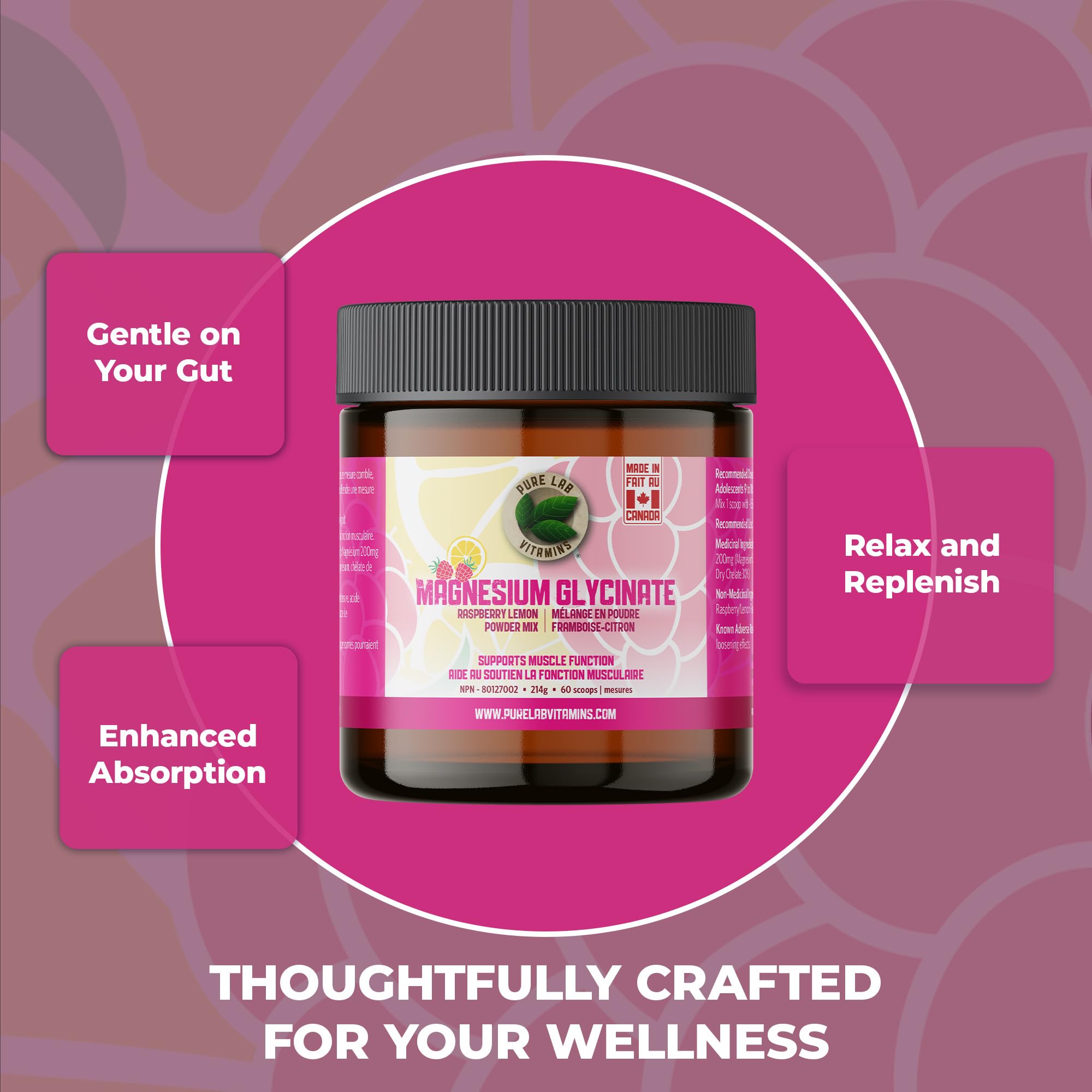 Pure Lab Vitamins Mélange en poudre de glycinate de magnésium framboise-citron