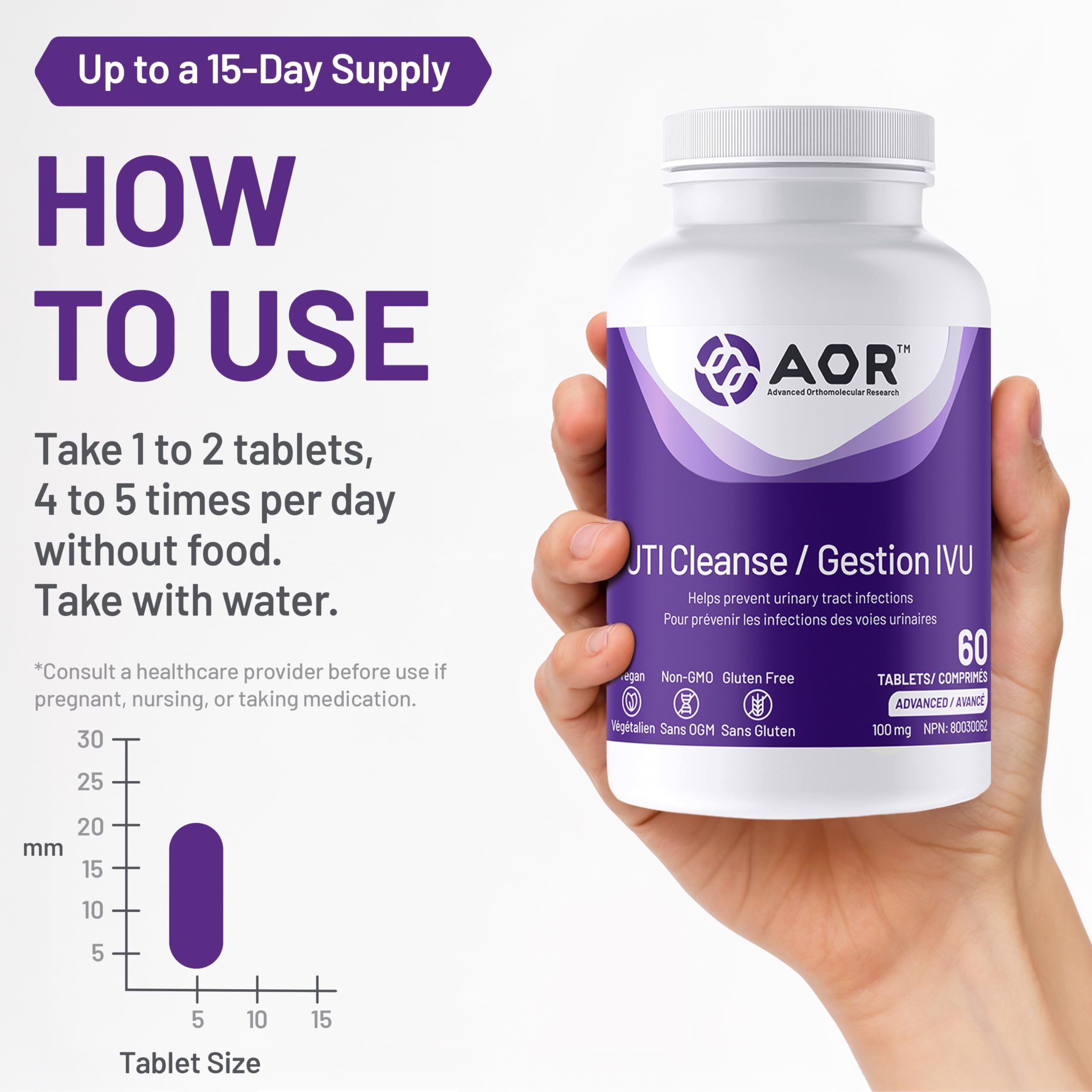 AOR - UTI Cleanse, 120 comprimés - Jus de canneberge avec supplément de D-Mannose - D-Mannose pour la santé des voies urinaires - Extrait de jus de canneberge séchée Vaccinium Macrocarpon