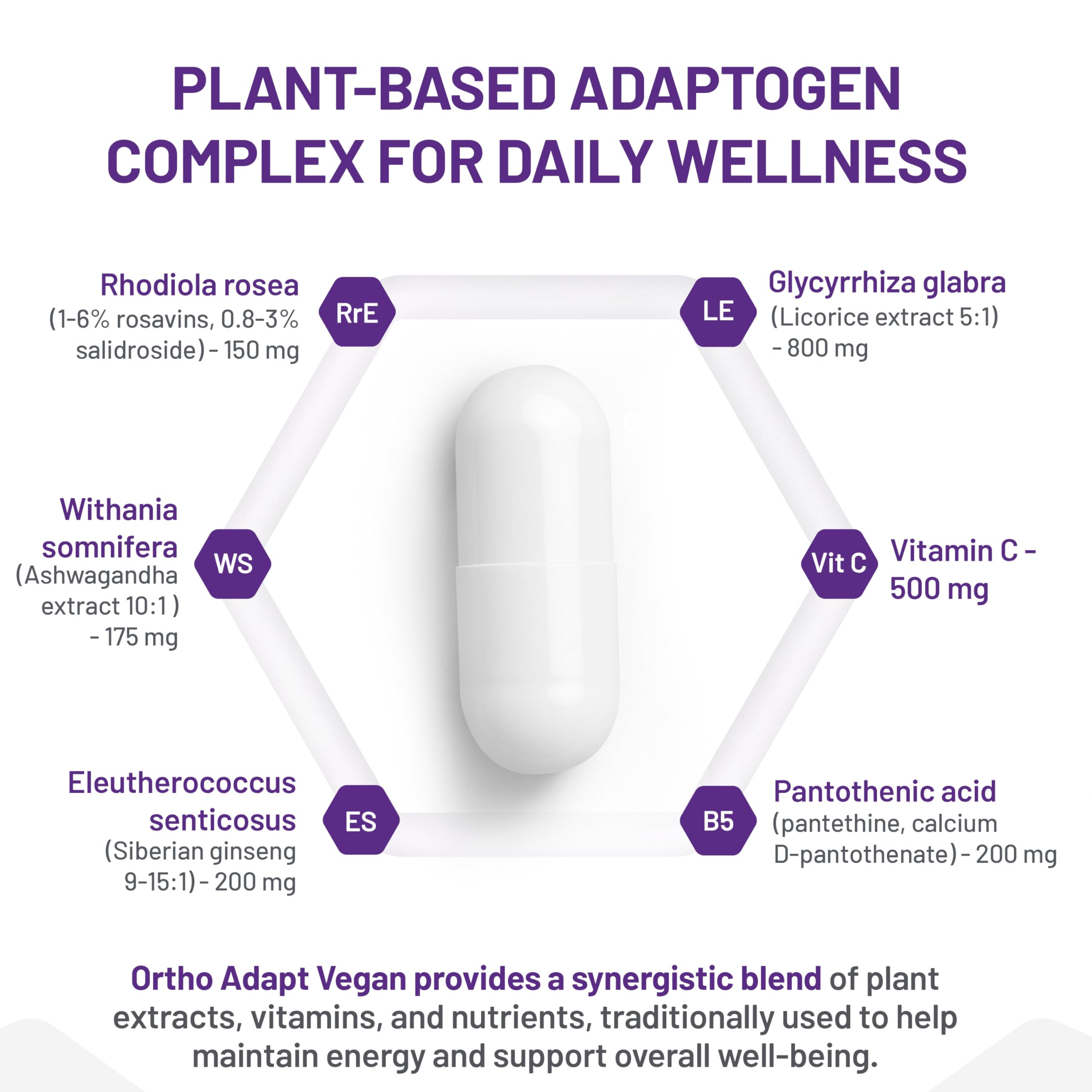 AOR Ortho Adapt Vegan 675mg, 90 gélules (45 jours) - Soutient l'énergie, contient de l'ashwagandha, de la rhodiola rosea, du ginseng sibérien et de la vitamine C - Adaptogènes pour améliorer les performances physiques et mentales