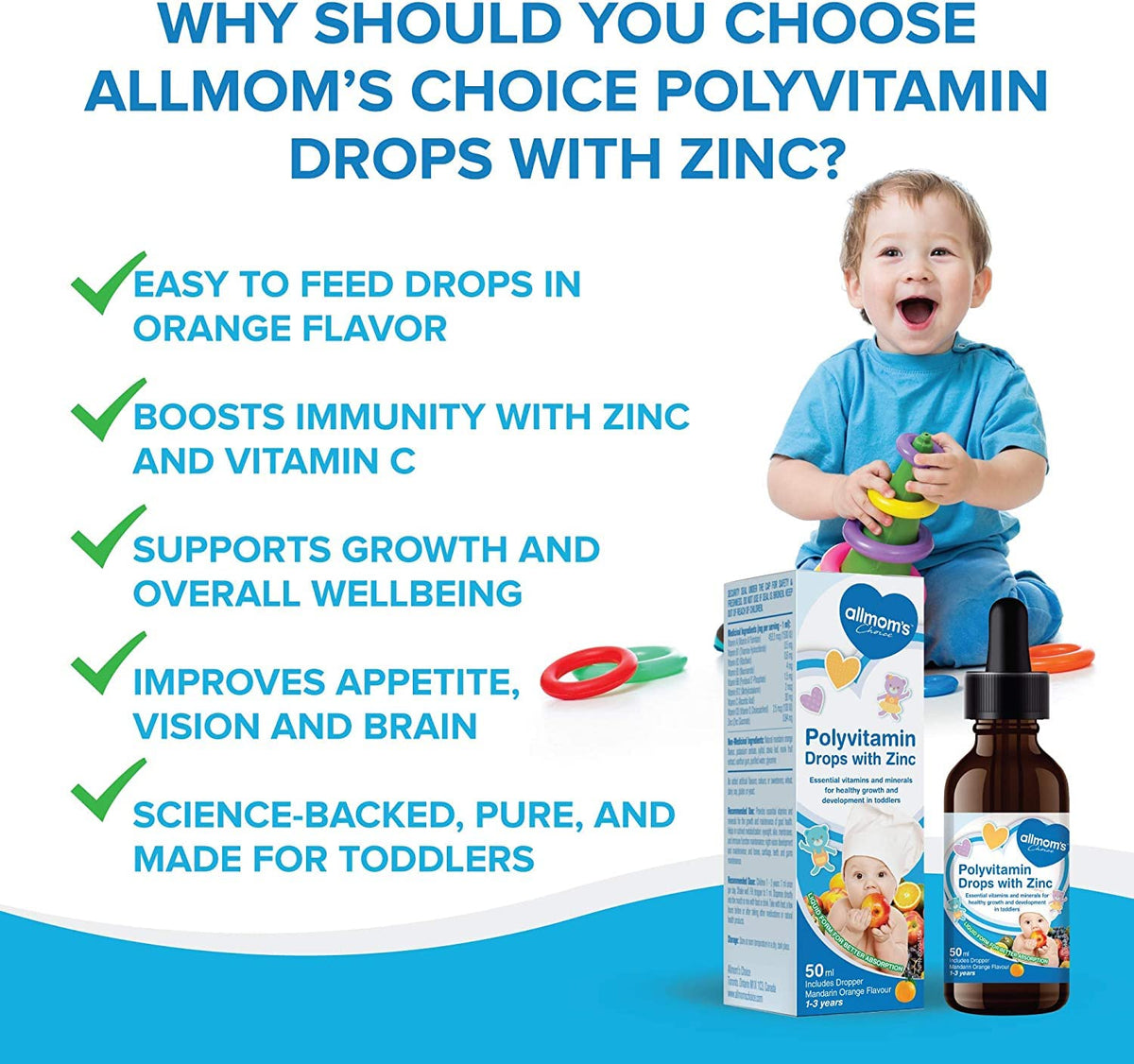 Allmom's Choice - Polyvitamin Drops with Zinc 50ml 50-Servings - Mandarin Orange Flavour - Vitamins and Minerals for Healthy Growth - Improves Immunity, Appetite, Vision and Brain Function - 1-3 Years