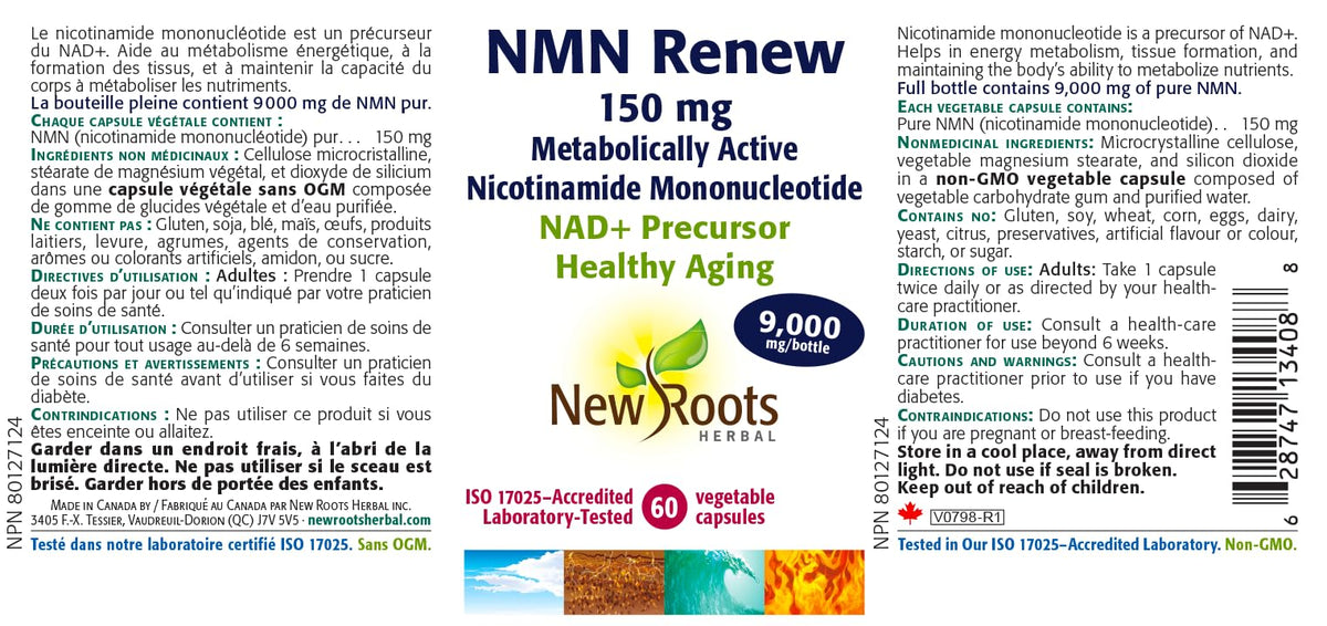 New Roots Herbal NMN Renew 150mg, 60 Capsules 30-Day Supply - NMN Supplement with Nicotinamide Mononucleotide - NAD+ Support for Vitality - Supports NAD+ Levels for Enhanced Energy and Youthfulness