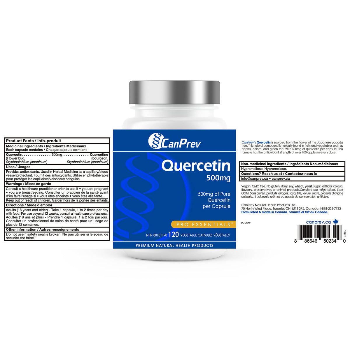 CanPrev Quercetin 500mg Supplement for Adults, Vegan, Non-GMO, 120 Capsules