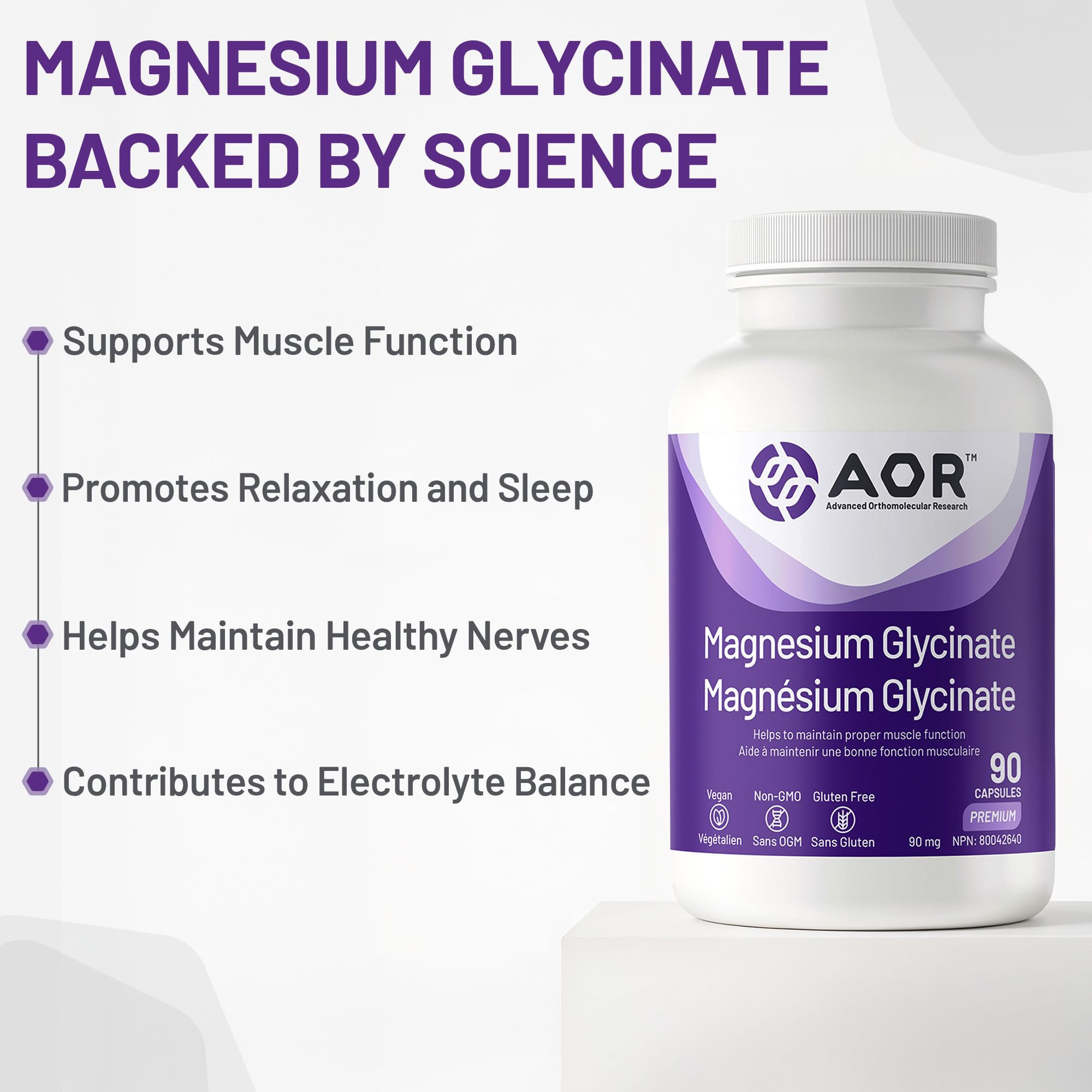 AOR Magnésium Glycinate, 90 mg, Favorise une fonction musculaire et un métabolisme optimaux, Soutien cardiovasculaire, Confort musculaire et cycles menstruels équilibrés, Végétalien et sans OGM