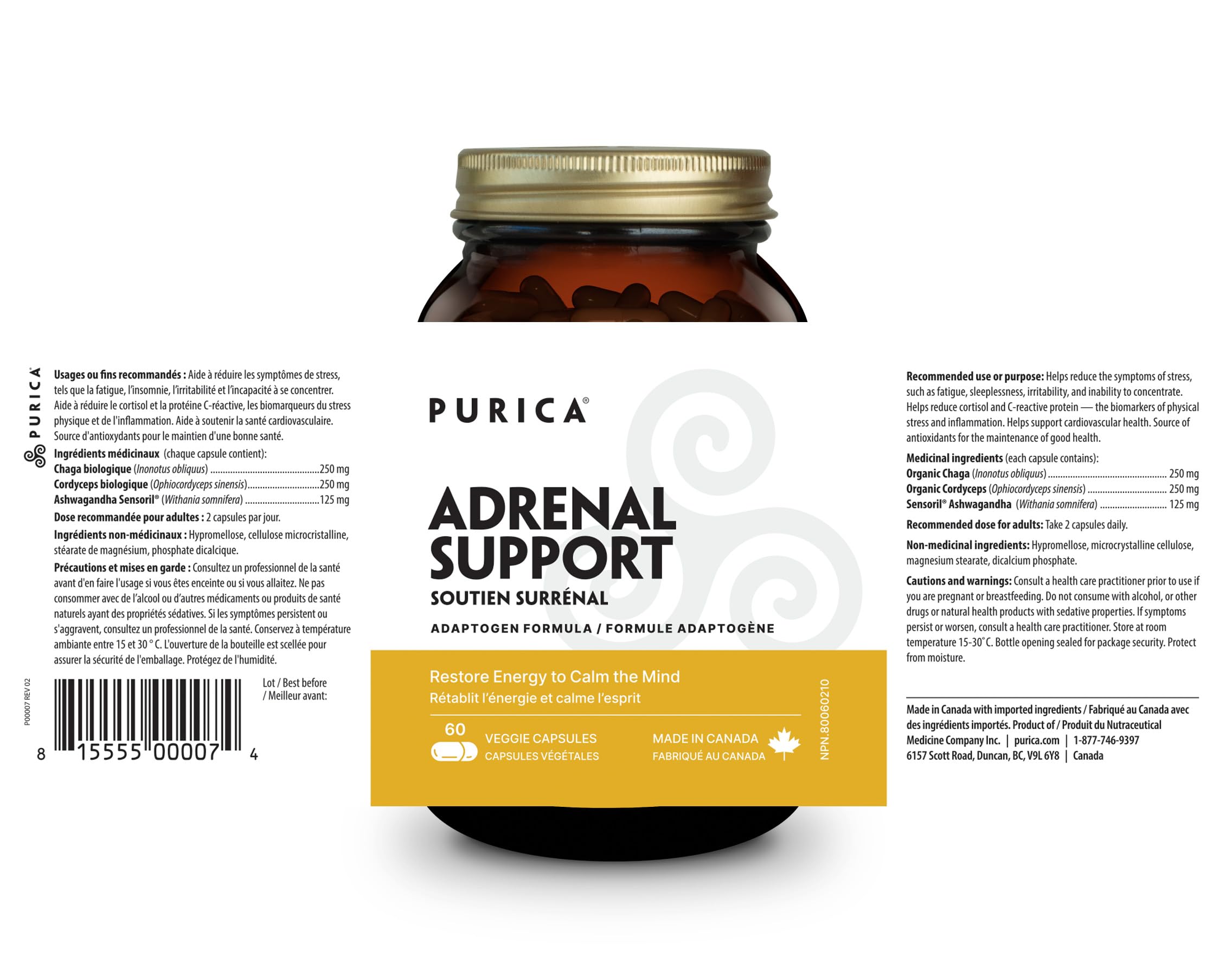 PURICA - Soutien surrénalien Vitality, 60 capsules végétaliennes, cure de 30 jours – Redonne de l'énergie pour calmer l'esprit – Réduit le cortisol, renforce la santé cardiovasculaire et fournit des antioxydants pour le bien-être général