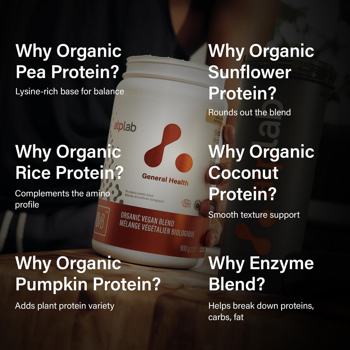 atplab Organic Vegan Blend Protein Powder, 5 Plant Proteins, Vanilla, 900g