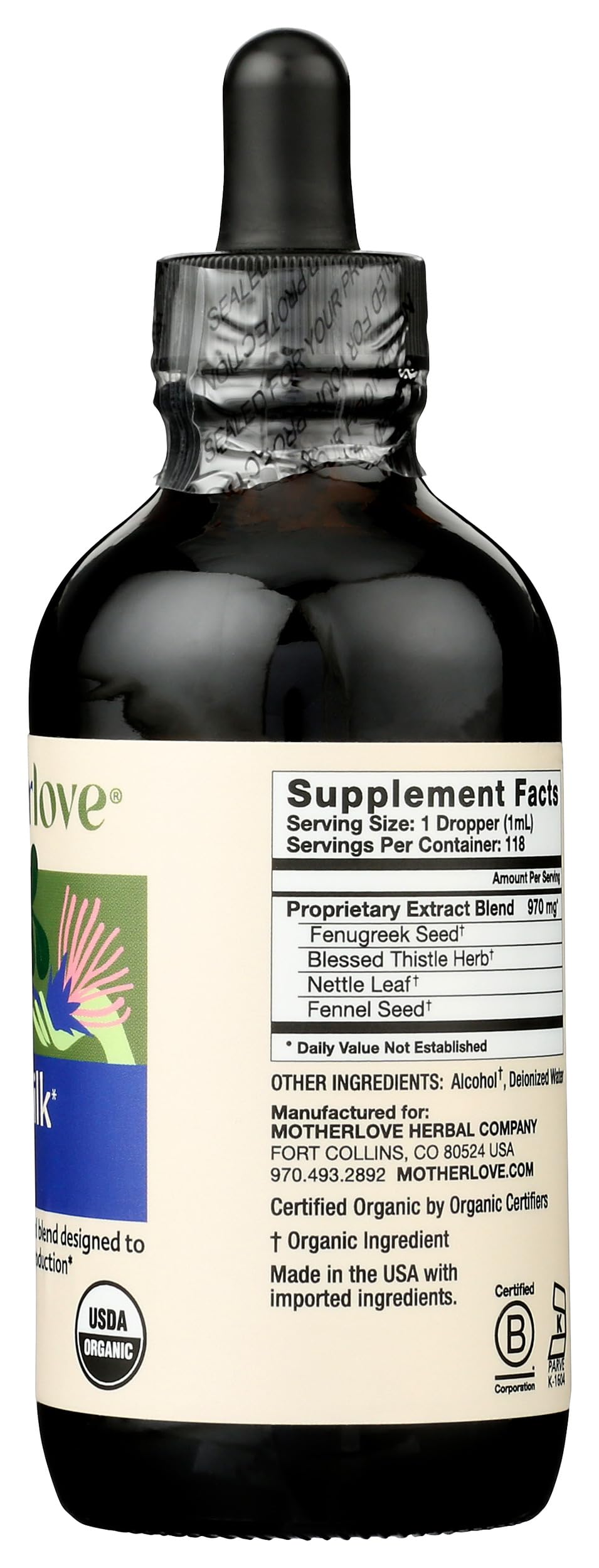 Motherlove More Milk Plus Tincture (118 mL) Herbal Lactation Supplement to Enhance Breast Milk Supply for Nursing & Pumping Moms—USDA Organic Herbs, Non-GMO—Concentrated Liquid Extract