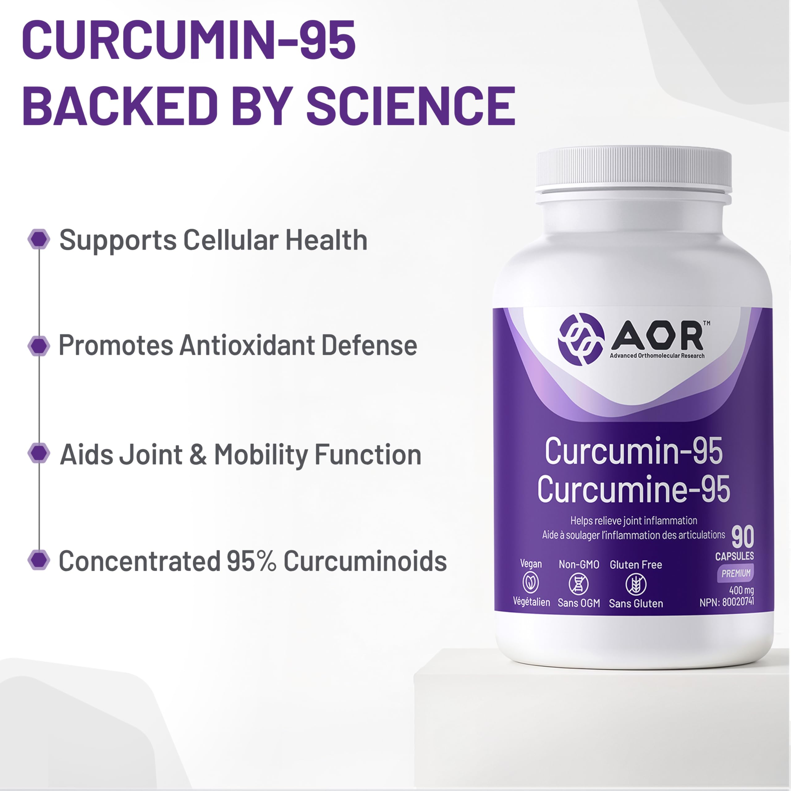 AOR Curcumine-95, 90 capsules, cure de 30 jours – Curcumine de Curcuma à haute puissance 400 mg – Supplément de curcumine sans OGM et végétalien – Riche en antioxydants naturels – Favorise le bien-être articulaire et cardiovasculaire