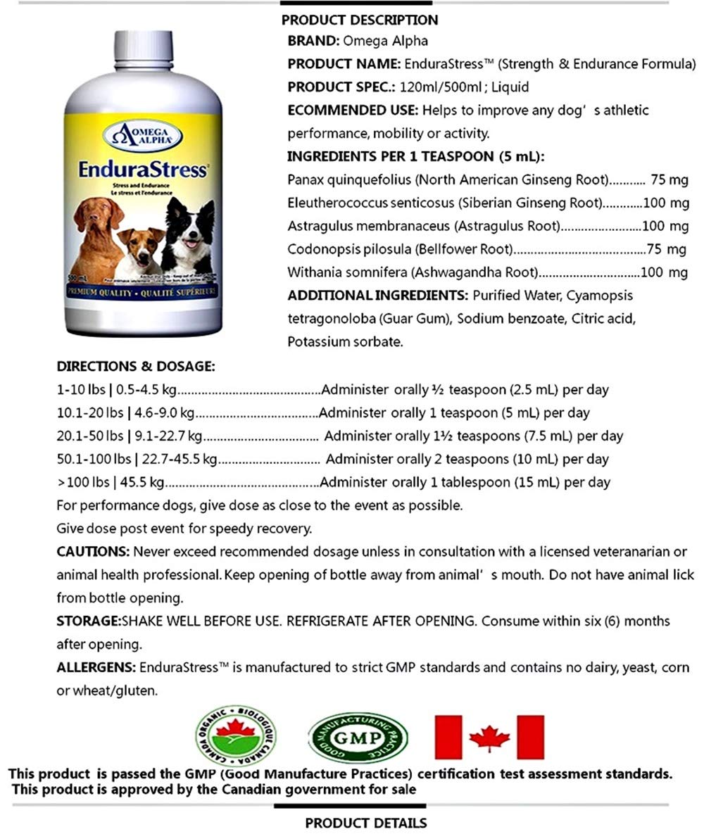 Vitamines et suppléments EnduraStress pour chiens, complément stimulant l'énergie, la concentration et l'endurance, soulagement de l'anxiété canine, calmant pour chiots, friandises calmantes pour chiens anxieux, 500 ml