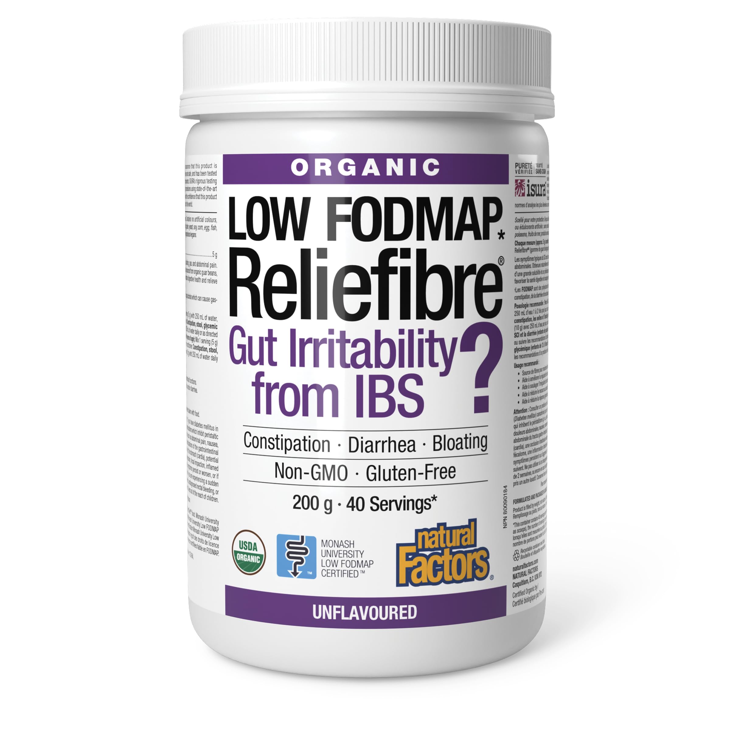 Natural Factors Reliefibre Soluable Fibre 200 g Powder = 40 Servings, Unflavoured, Relieves Minor Symptoms Associated with Irritable Bowel Syndrome (IBS), Organic, Non-GMO, Low FODMAP, Easy to Mix, Fiber Supplements