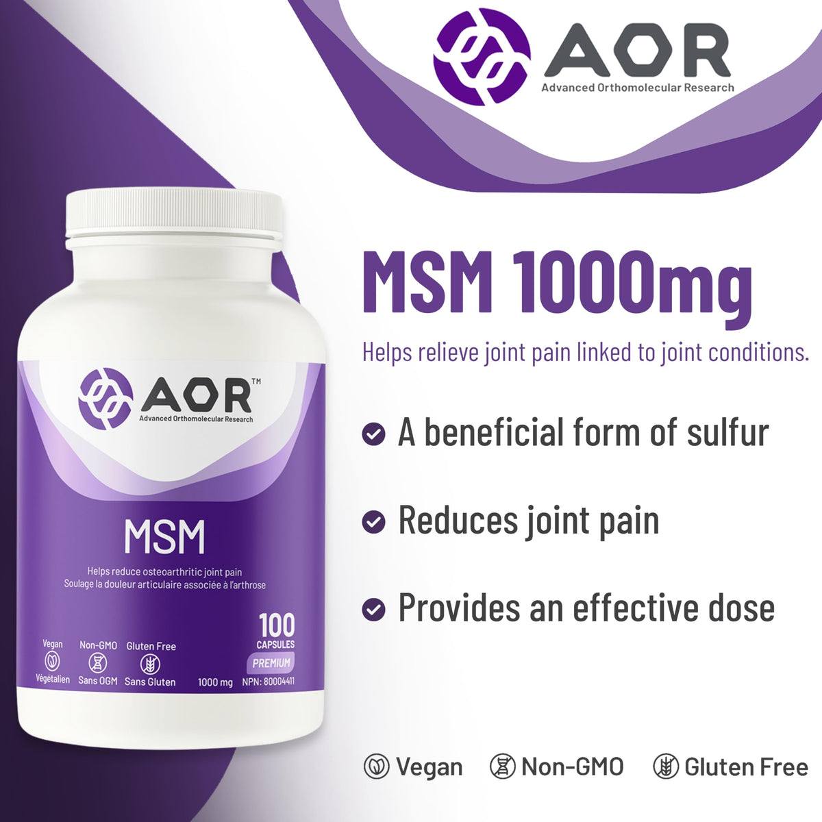AOR MSM Joint Supplement, 1000 mg, 100 Vegan Capsules, Gluten Free, Non GMO