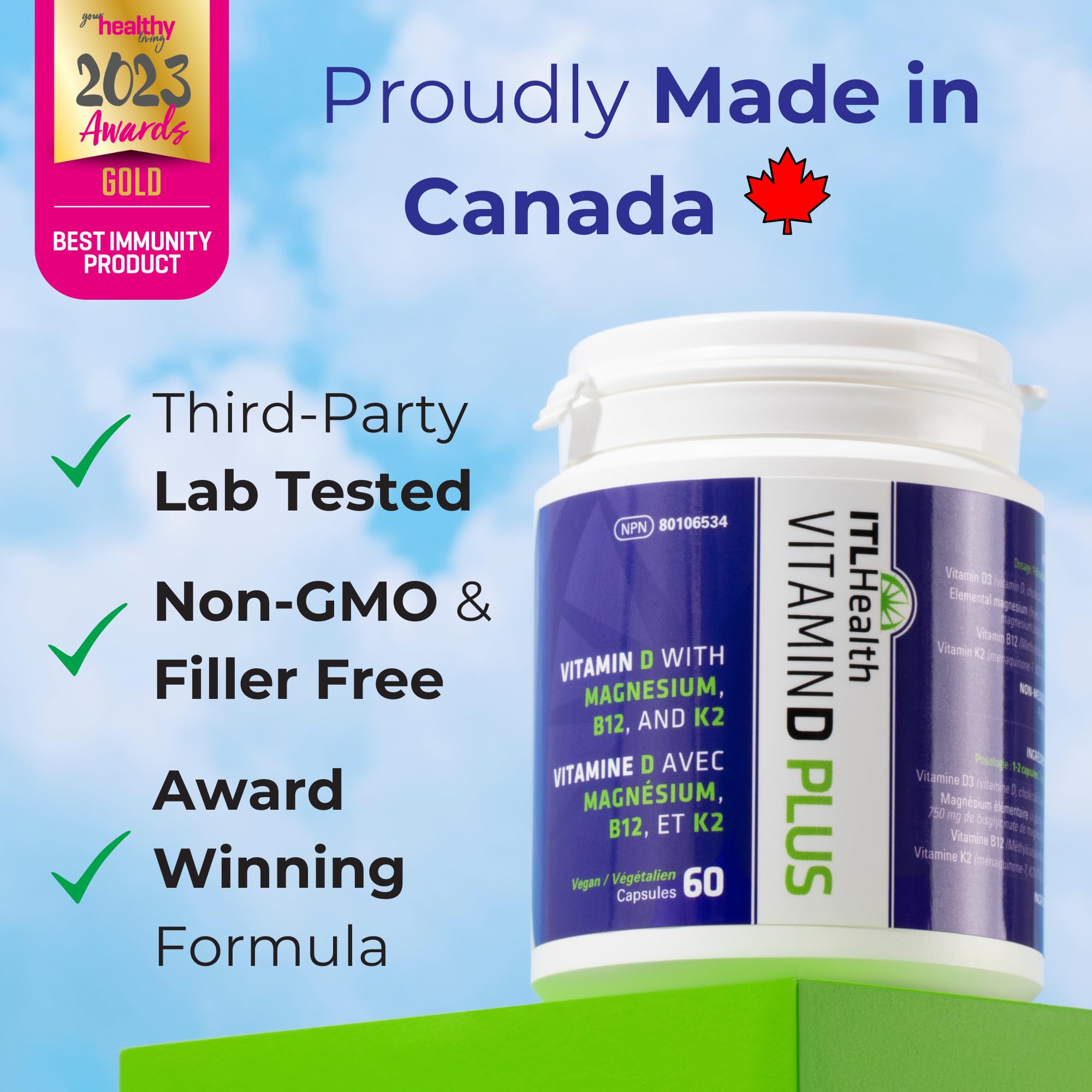 ITL Health Vitamin D3 K2 Magnesium & B12 Supplement | Plant Based Vitamin D 500iu, K2 MK7 20mcg, Elemental Magnesium 75mg, B12 250mcg | Non-GMO, Vegan & Made in Canada - 60 Capsules