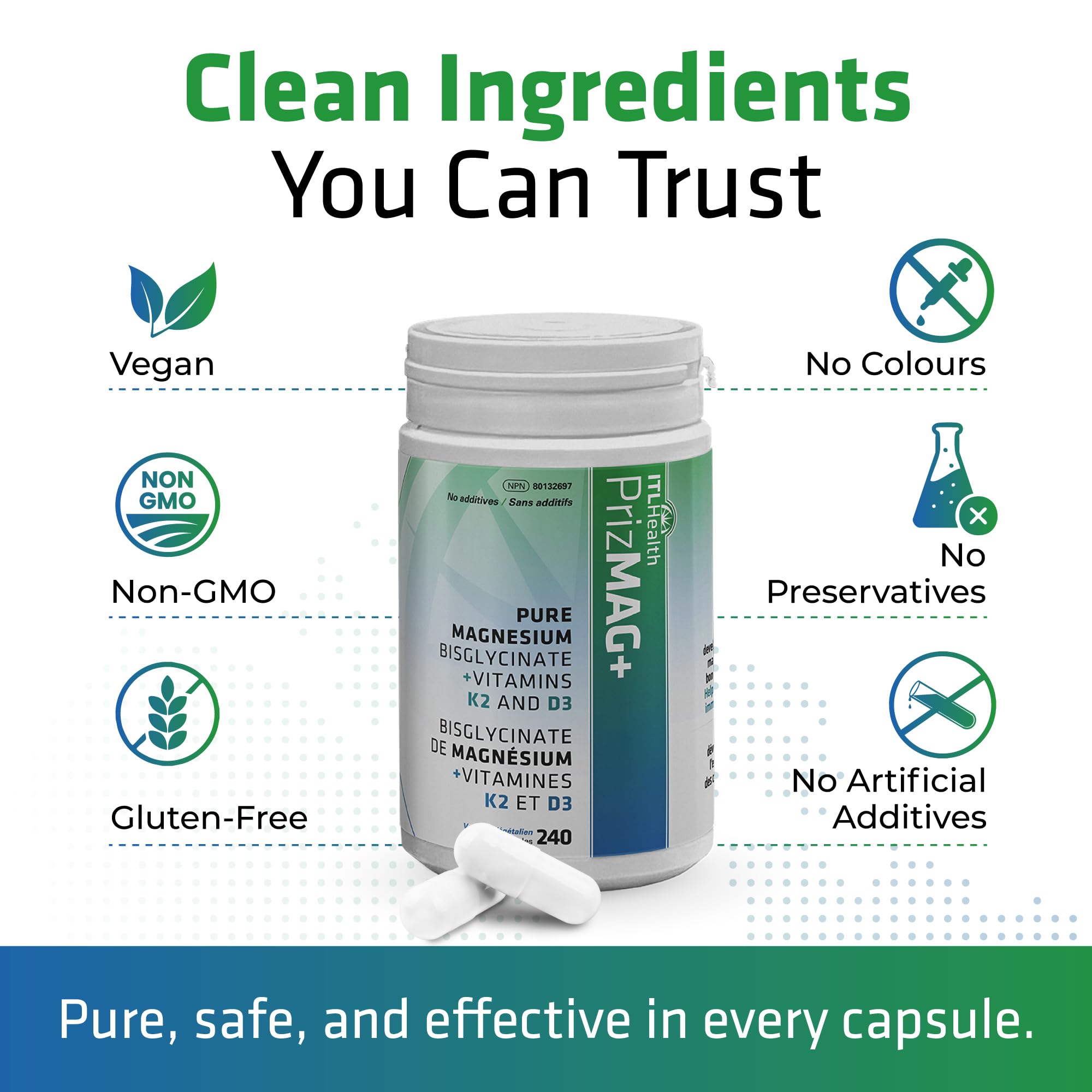 PrizMAG Magnesium Bisglycinate - Chelated Form for High Absorption, with Added Vitamin D3 & K2, Capsules for Bone & Muscle Support - No Fillers or GMOs | Made in Canada