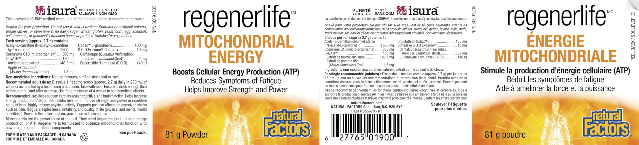 Natural Factors Regenerlife Mitochondrial Energy, 81 g Powder, Boosts Cellular Energy Production (ATP), Reduces Symptoms of Fatigue, Includes: Acetyl-L-Carnitine, Coenzyme Q10, L-Glutathione