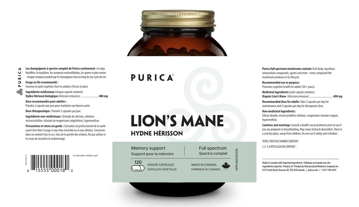 PURICA Lion's Mane Mushroom Supplement, 400 mg, 120 Capsules, 60-Day Supply