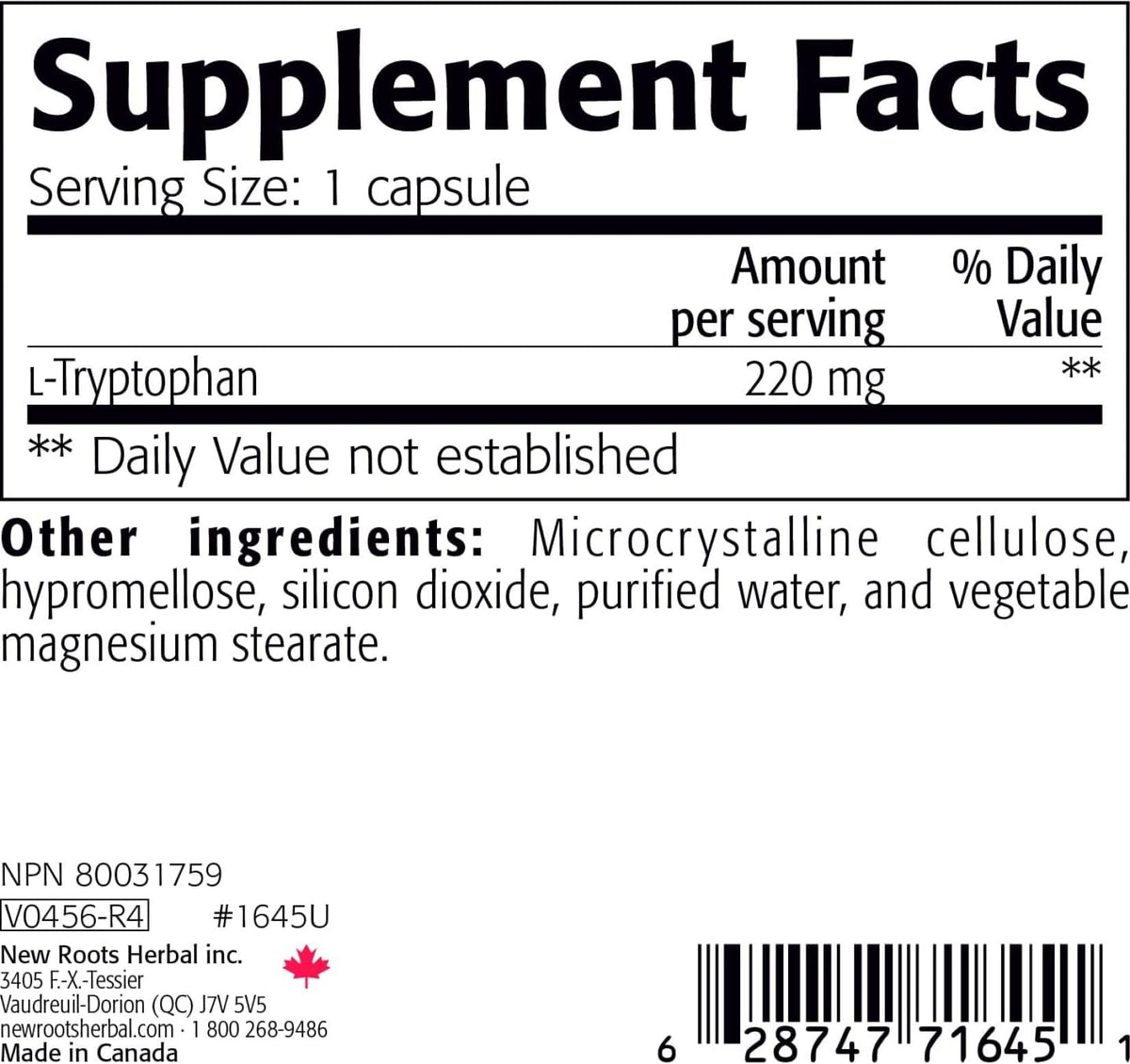 New Roots Herbal L-Tryptophan 220 mg Capsules, 90 Pc