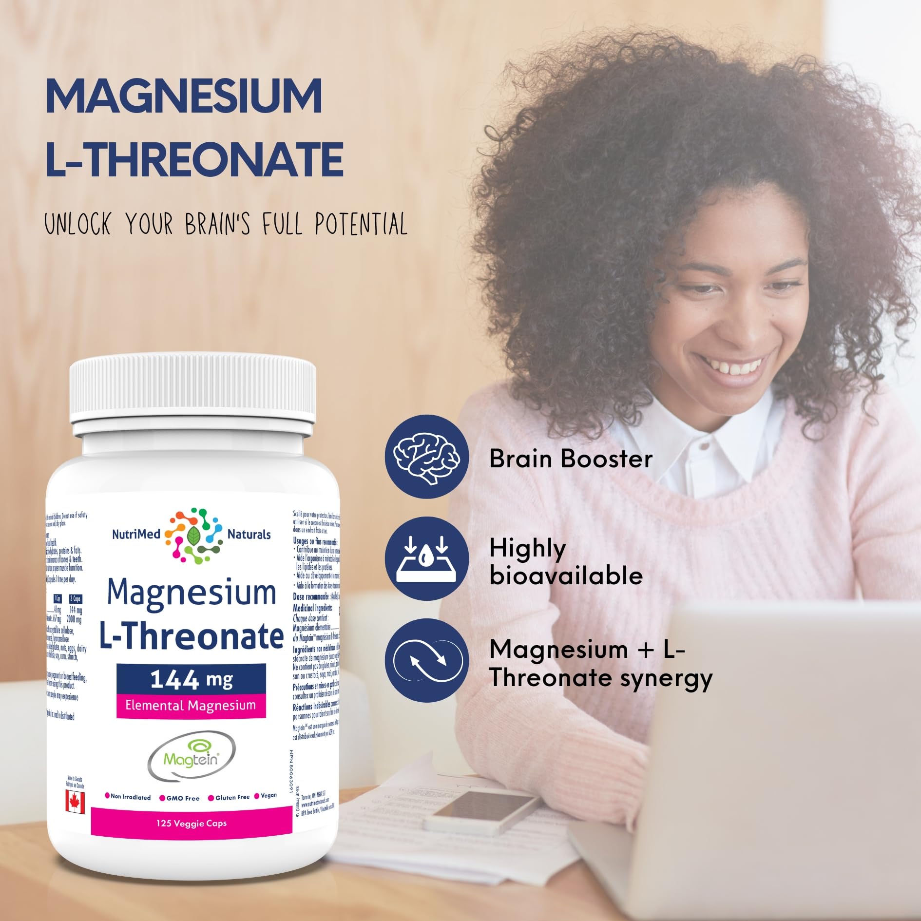 Nutrimed Naturals - Supplément de Magnésium L-Thréonate Élémentaire 144mg 125 Gélules, 48 Jours d'Approvisionnement - Concentration Accrue, Mémoire Améliorée & Santé Cérébrale Optimale - Testé par un Tiers - Formulé et Fabriqué au Canada