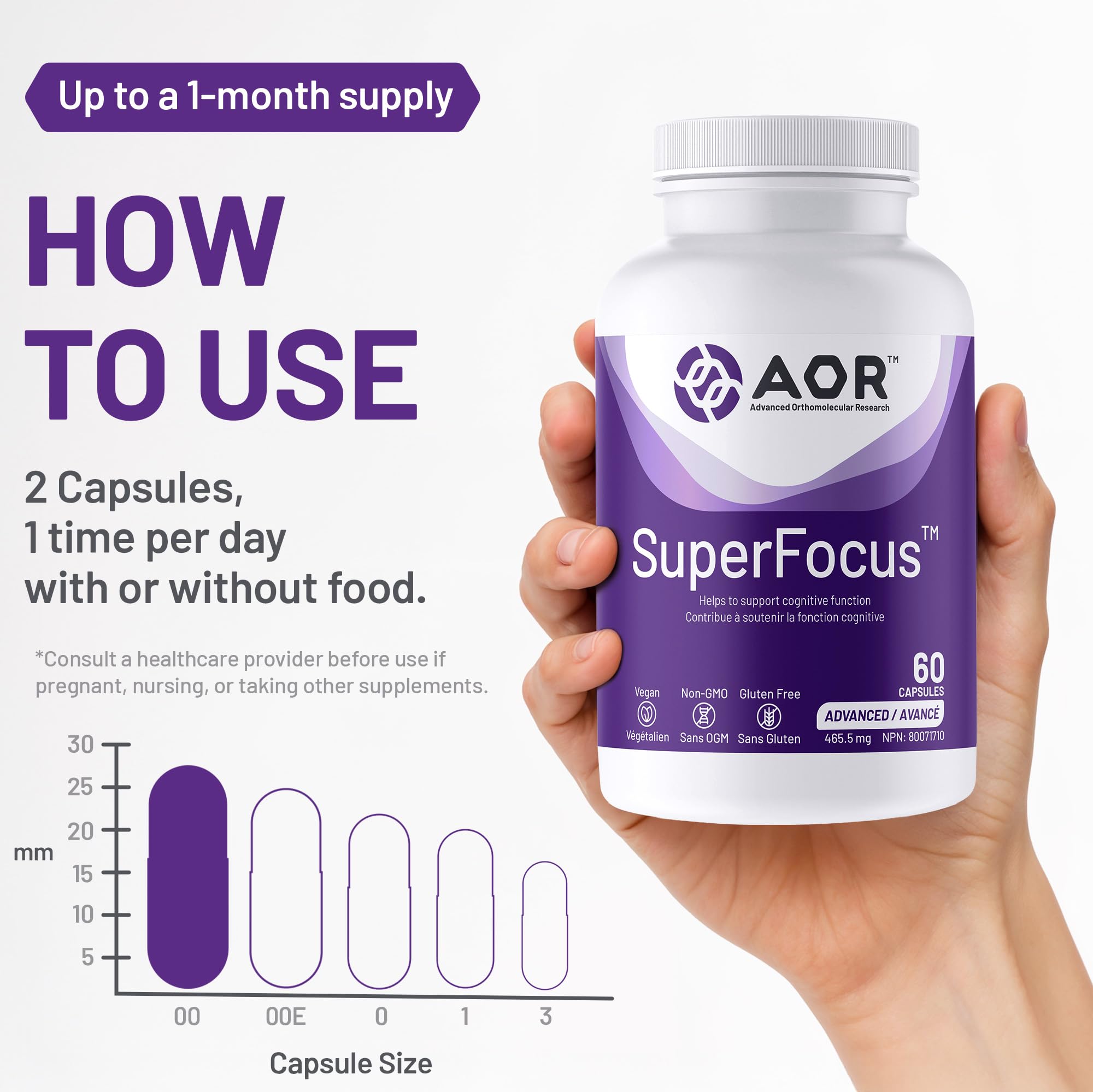 AOR SuperFocus, complément de soutien cérébral, 60 capsules, 30 jours – Végétalien, sans OGM et sans gluten – Améliore les performances cognitives et la mémoire, contient du ginseng, du Rhodiola Rosea, du Bacopa, de la méthyl B12, de l'inositol